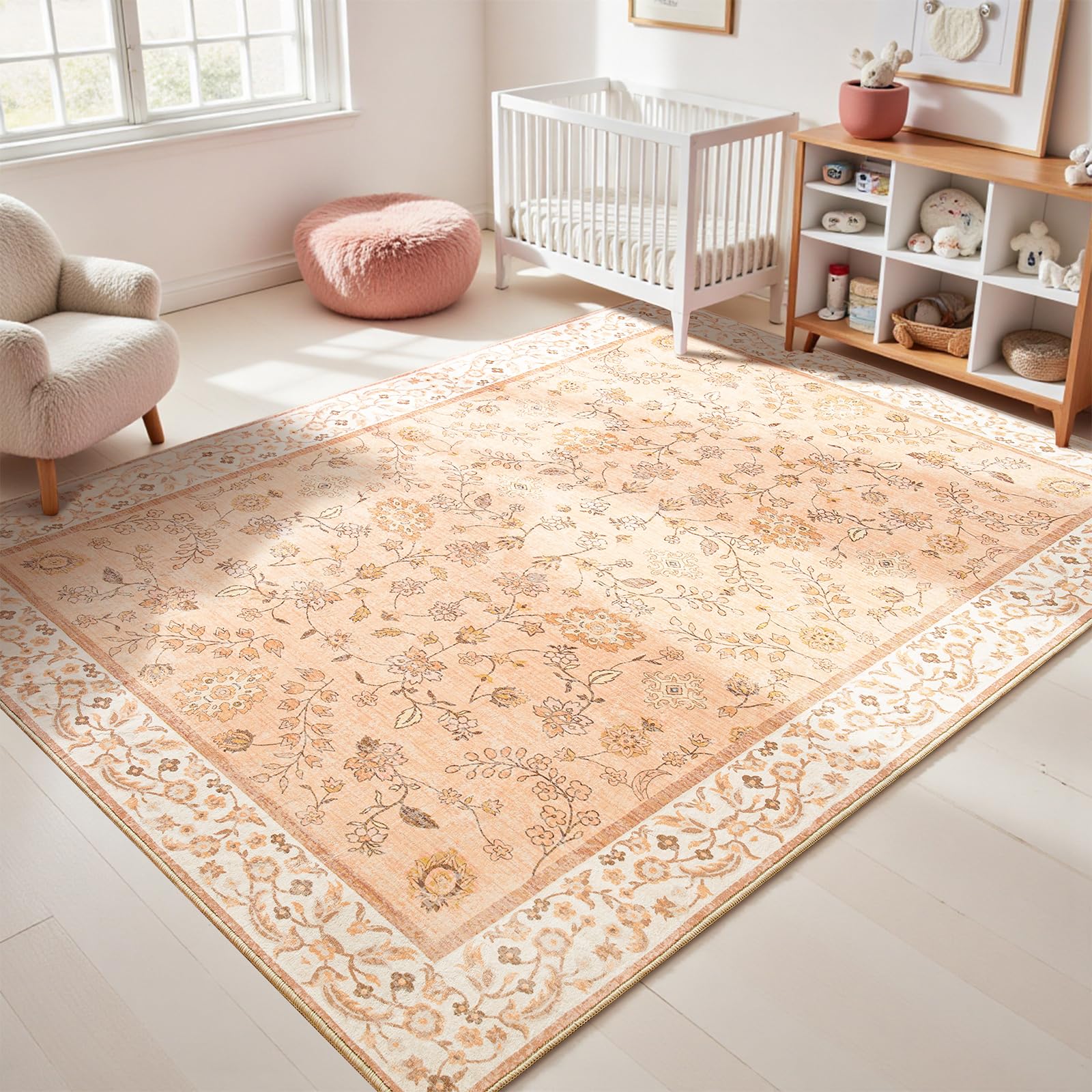 Photo 1 of Goideal Peach Floral Area Rug, 5' x 7'