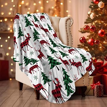 Christmas Blanket, Christmas Fleece Throw Blanket, Warm Blankets for Winter, Plaid Christmas Tree Deer King Size Blanket for Travel, Camping, Outdoor, Winter Cabin Throw for Couch Bed