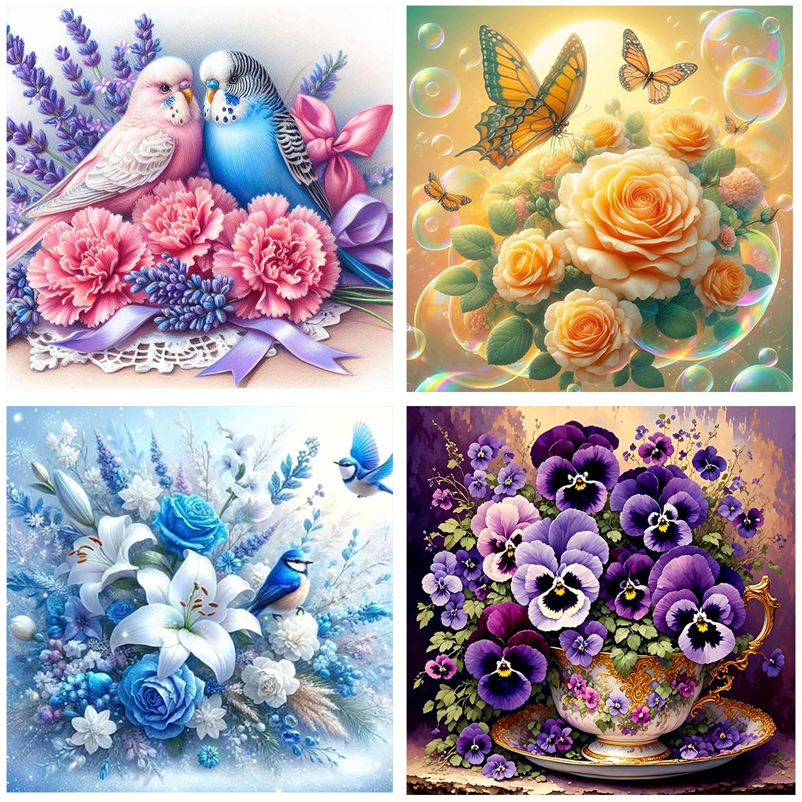 Poetrydraw Multicolor 4Pcs Flowers Full Diy 5D Round Drill Diamond Art Painting Gem Art Home Decor 30X30cm (1)