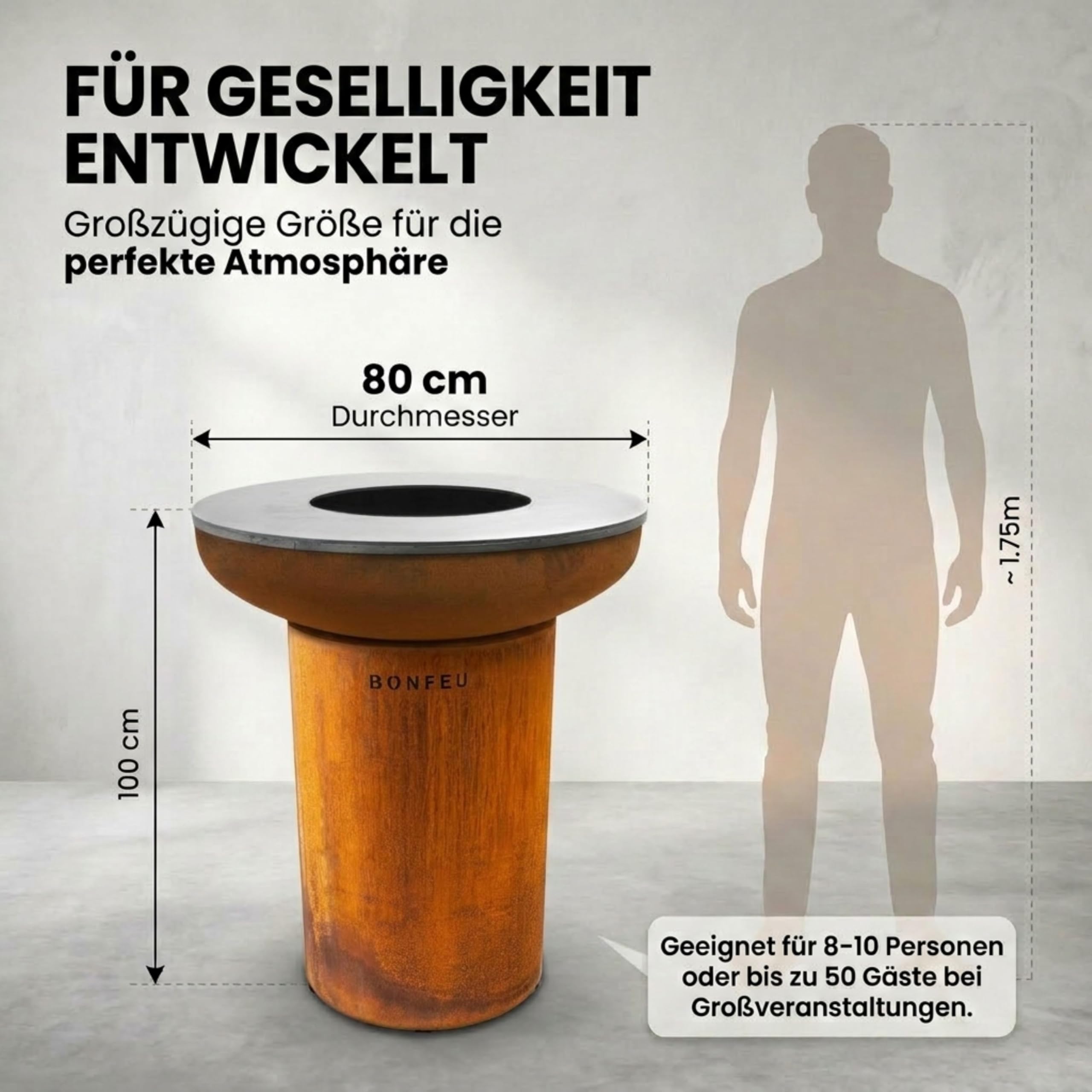 BonFeu BonBiza Röst Feuerkorb für den Garten – Feuerschale Ø80 cm – Feuerstelle aus Stahl – mit Grillrost & Plancha