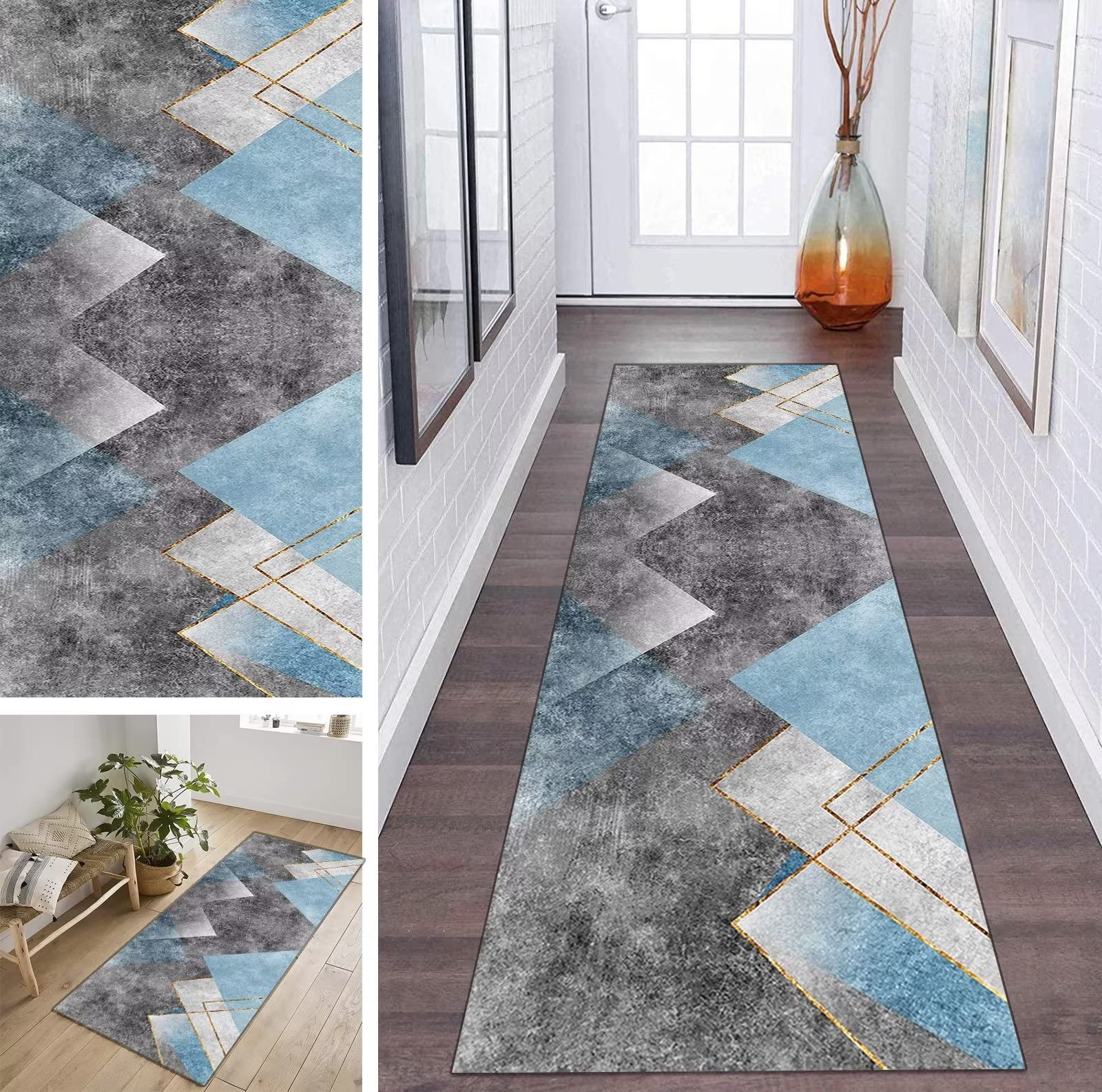 Tapis Couloir Cuisine Antidérapant Lavable Marron et Grijs Motif Géométrique 40 x 60