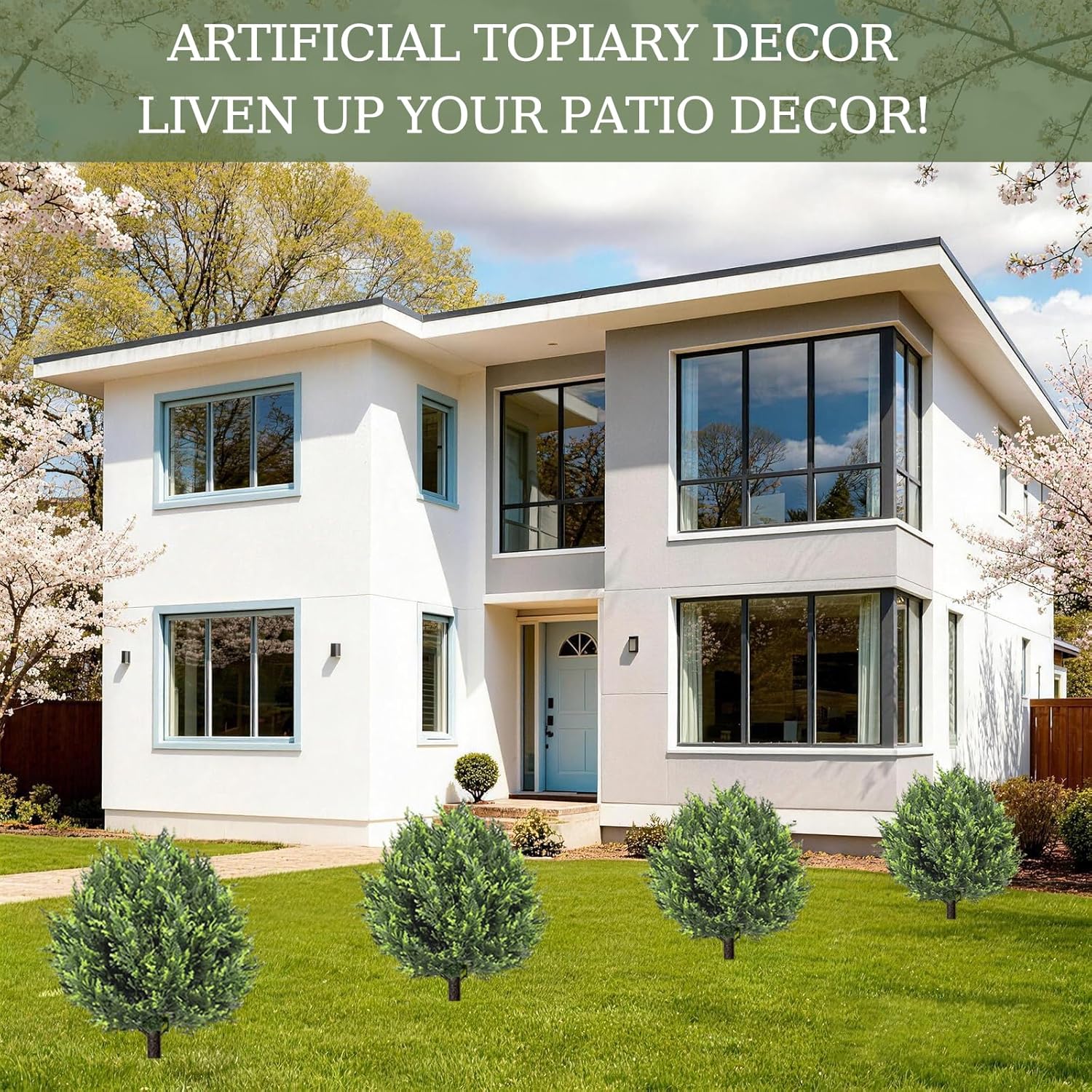 Artificial Cypress Topiary Tree with Ground Spike, Set of 2 Artificial Shrub Bushes, UV Resistant Fake Evergreen Tree Front Porch, Artificial Plants for Outdoor Planters Indoor