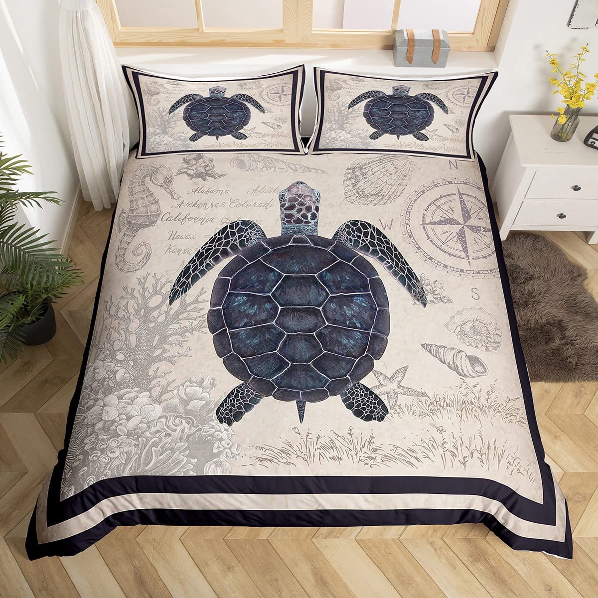 Drap Housse 140x190 + 2 Taies 65x65 - Microfibre Douce, Motif Tortue De Mer, Bonnet 30 Cm