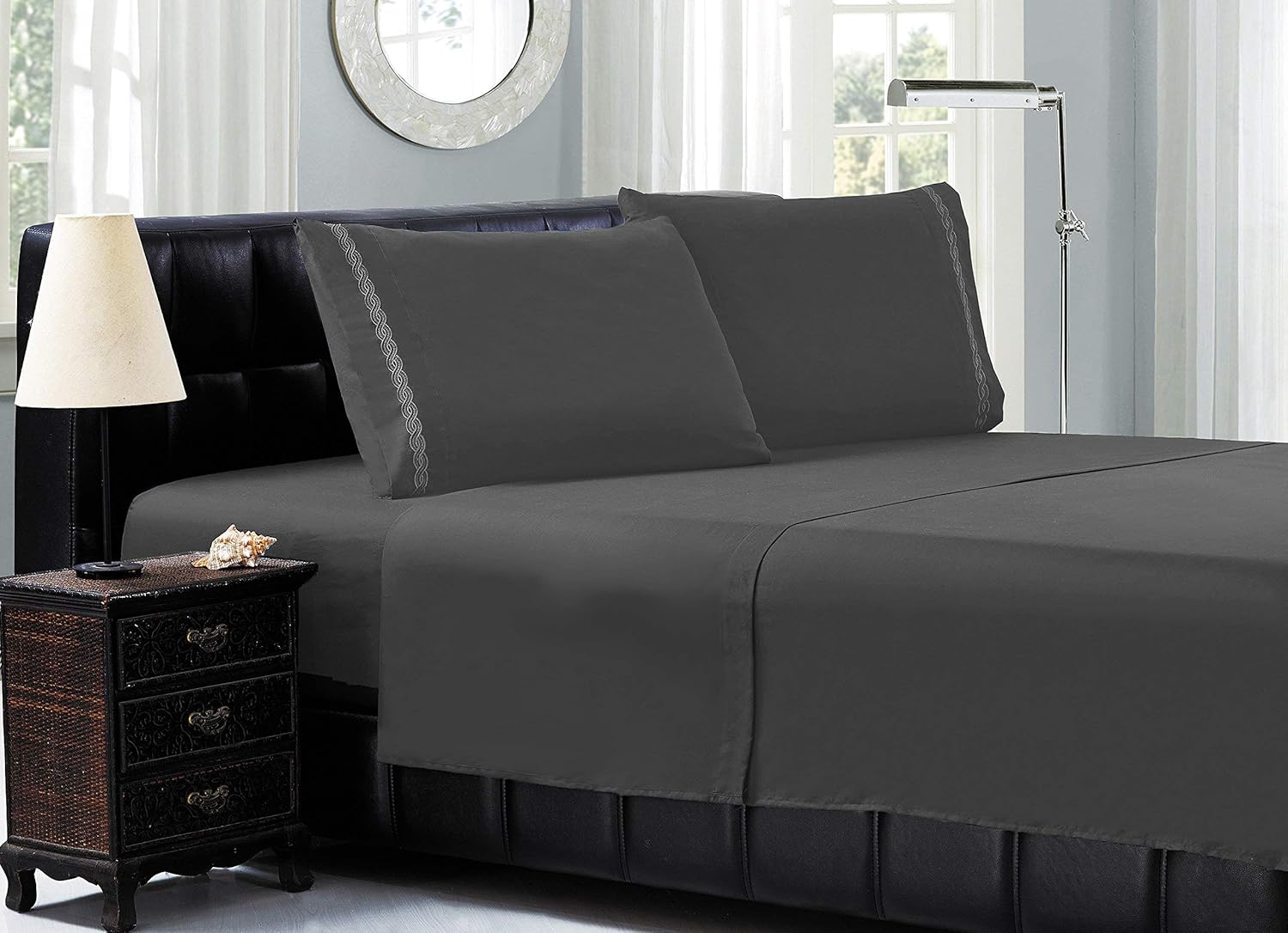 Elegant Comfort Luxury Bed Sheet Sets on Amazon 1500 Premier Hotel Quality Cable Embroidery 4-Piece Sheet Set Wrinkle-Free 100%, Queen, Grey