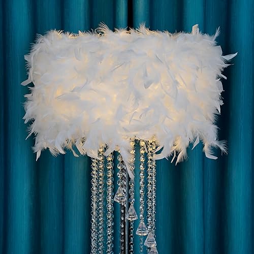 Miniatura 8 de Lámpara de pie de plumas, lámpara de pie moderna con borla de cristal, lámpara de pie de noche para dormitorio en blanco