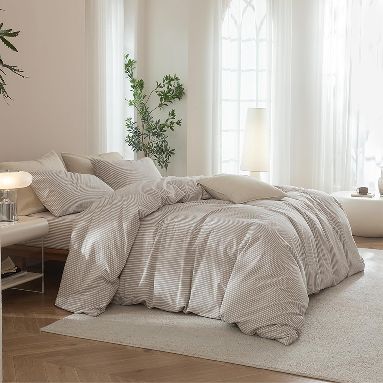 Condition photo showing As Is for jiyuan 100% washed cotton pinstripe duvet cover set queen size 90"x90", linen-like soft breathable durable bedding set with zipper closure, all season, taupe/white pinstripe - taupe / white (no comforter) queen(90"x90")