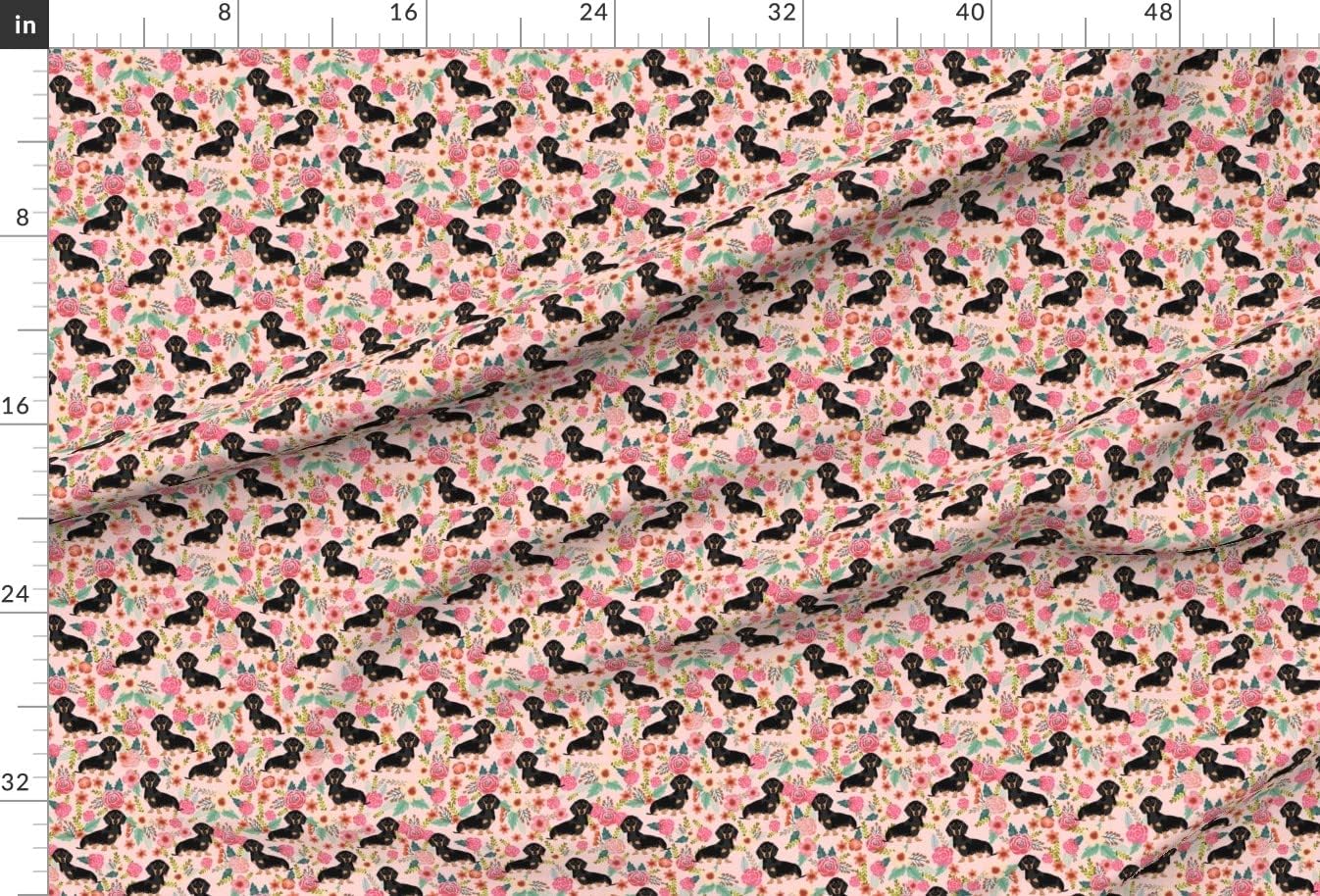 Spoonflower Fabric - Flowers Florals Dachshund Pink Pattern Dog Breeds Black Weiner Puppy Printed on Upholstery Velvet Fabric Fat Quarter - Upholstery Home Decor Bottomweight Apparel