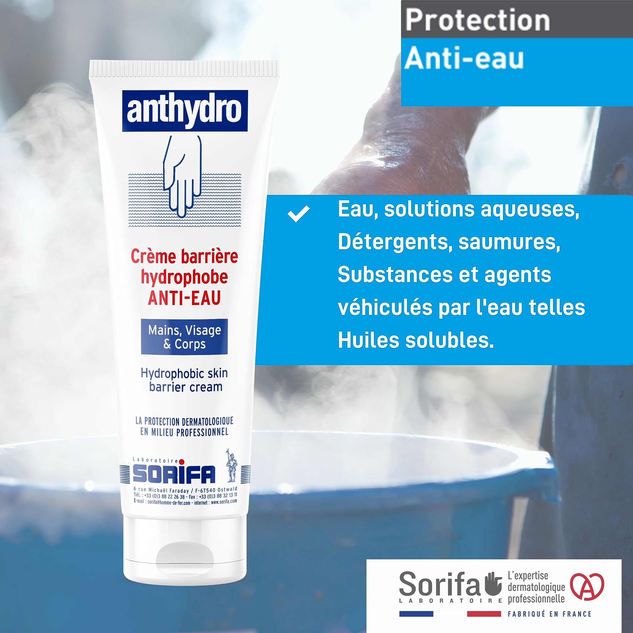 Lot de 3 - ANTHYDRO - Crème Barrière - Protection ANTI-EAU – ANTI-FROTTEMENT - Mains, visage et corps – Haute tolérance - Sans parfum -Tube 125 ml