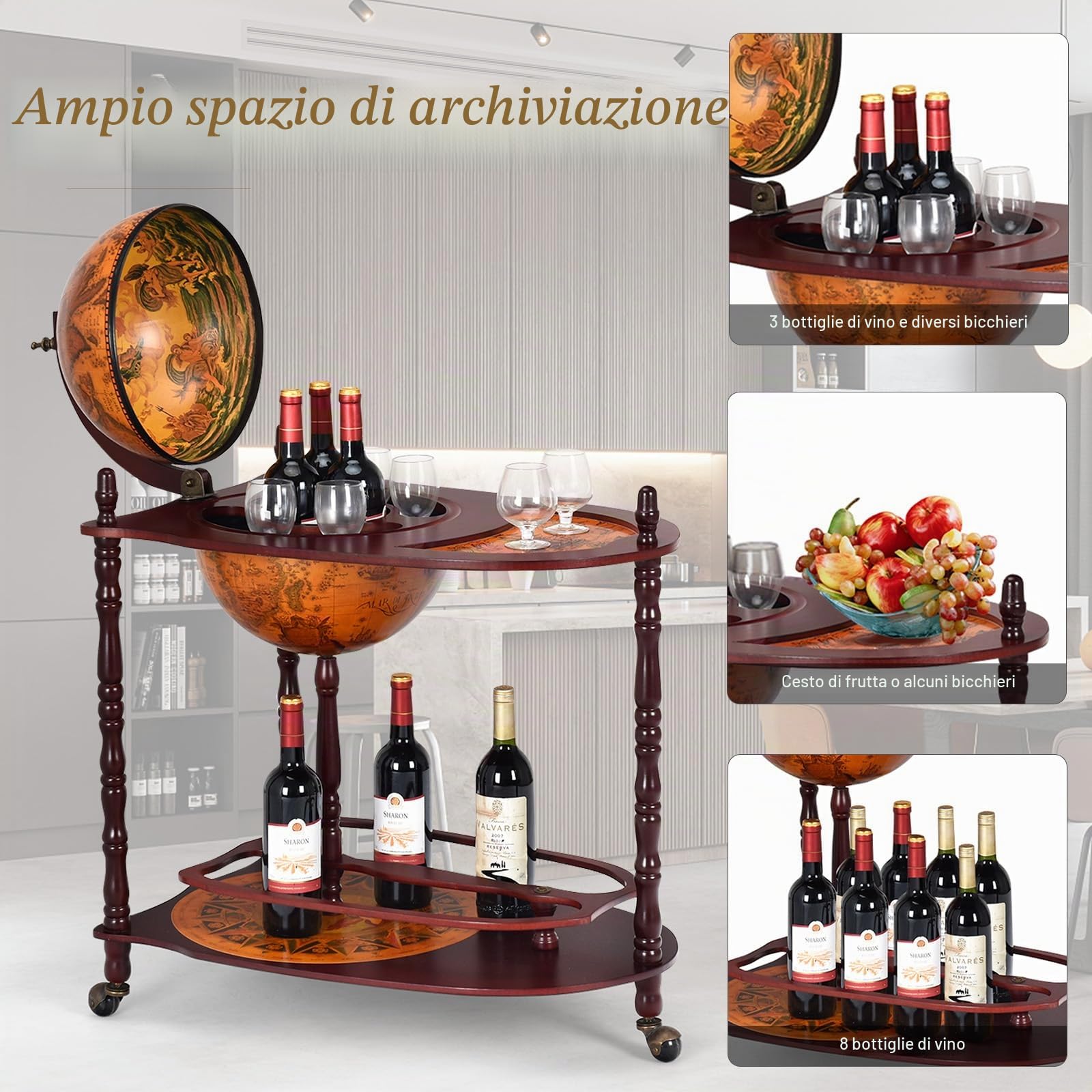 KOMFOTTEU Portabottiglie Bar Globe con Ruote, Supporto per Bottiglie a 2 Livelli, Carrello da Bar in Legno, Mobile Minibar per Bevande, per Ristorante, Festa (Marrone, 70 x 45 x 88 cm)