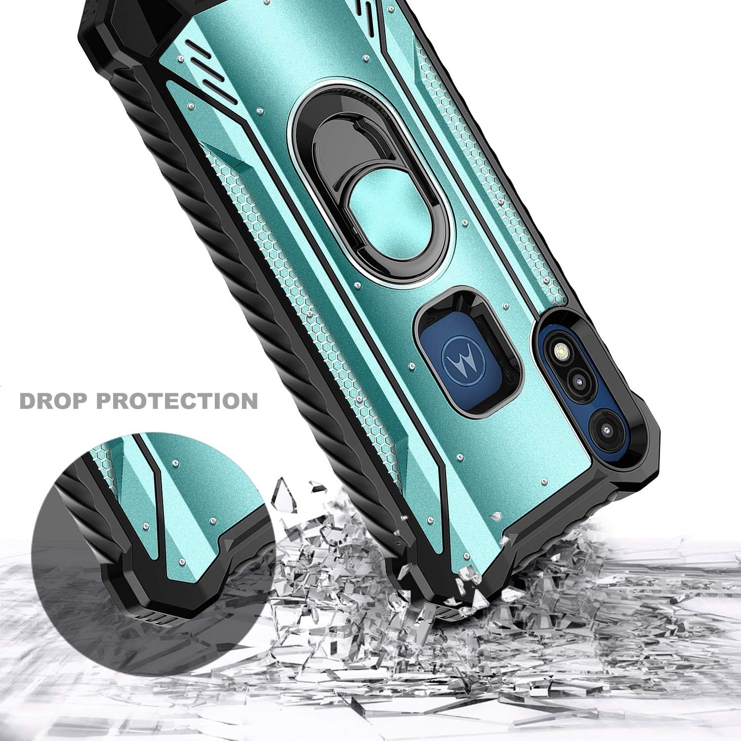 E-Began Case for Motorola Moto E (2020) with Tempered Glass Screen Protector (Full Coverage), Aluminum Magnetic Metal Built-in Ring Stand, Full-Body Protective Shockproof Military Case (Ice Blue)