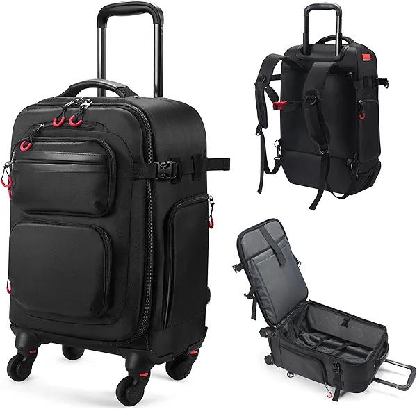 Rolling Backpack with Wheels – Airline Approved Underseat Carry-On Luggage 18x14x8, Water-Resistant Personal Item Bag with 2 Extra Replacement Wheels, Fits 15.6 Inch Laptop, Travel Backpack for Men