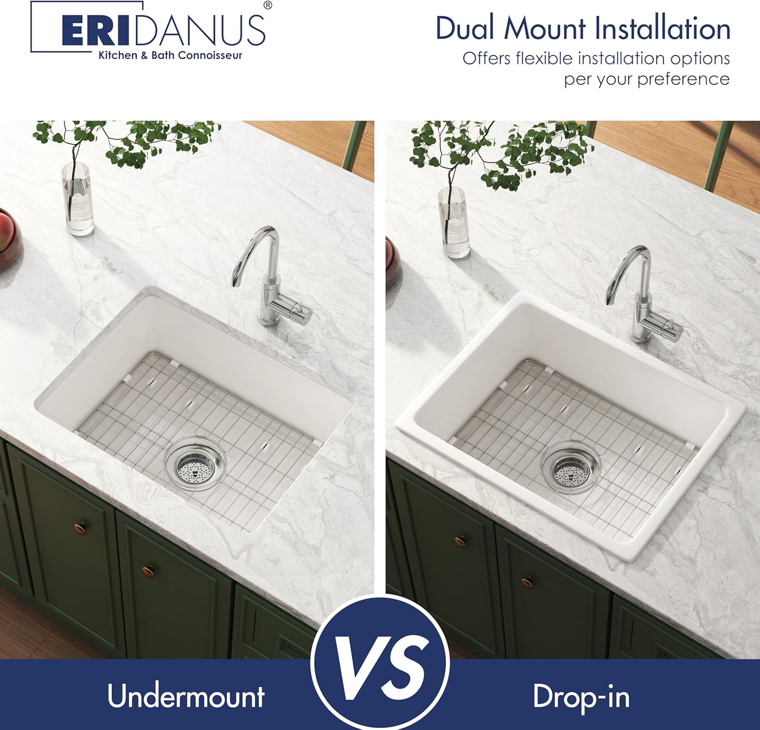 Drop in Kitchen Sink, Eridanus 24" x 18" Undermount Kitchen Sink 24 Inch Fireclay Sink Dual Mount White Kitchen Sink Topmount Deep Single Bowl with Bottom Grid and Strainer Drain