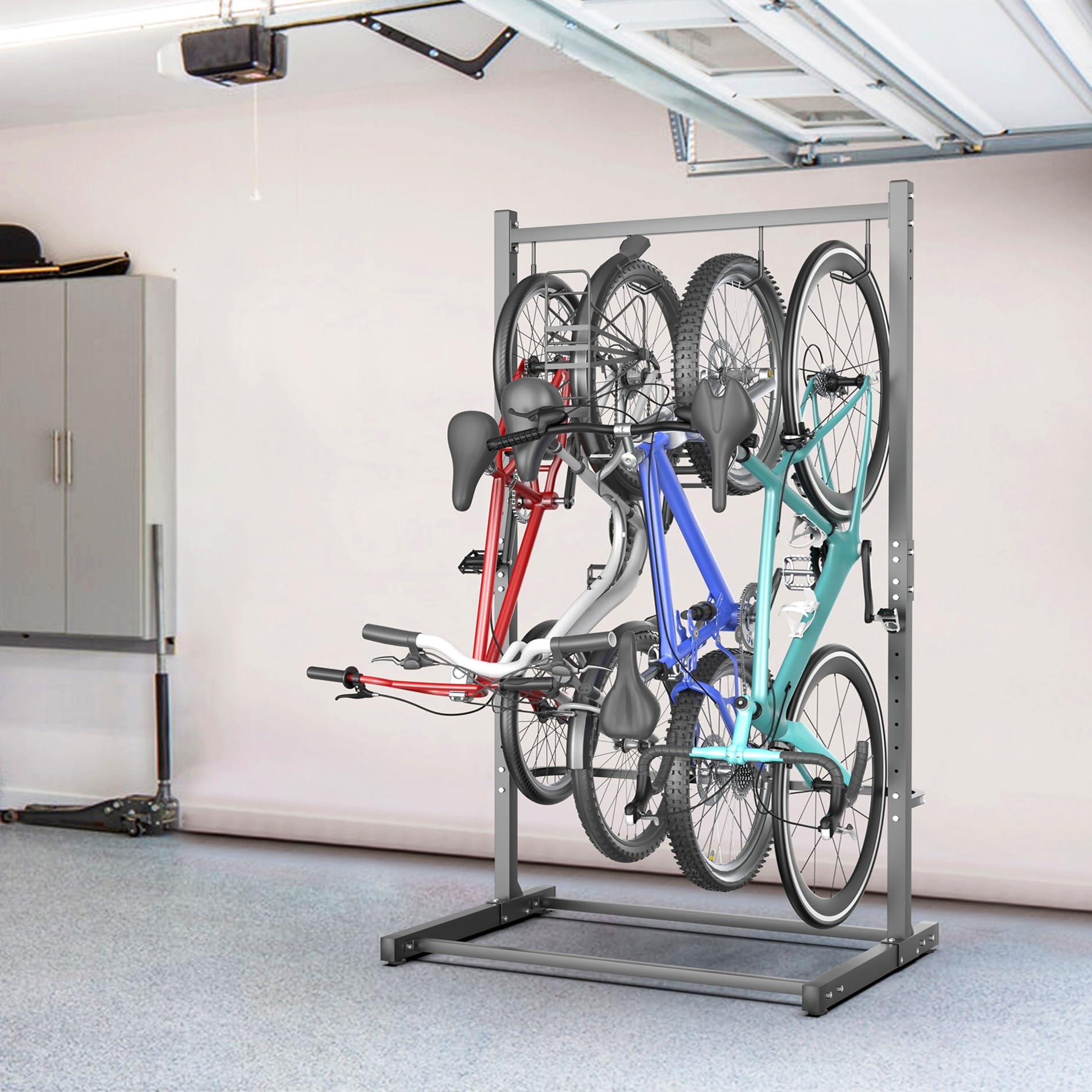 TORACK Garage Freestanding Hanging Bike Stand for Garage, Heavy Duty 4 Bikes Vertical Bike Storage Stand Floor Bike Storage Rack