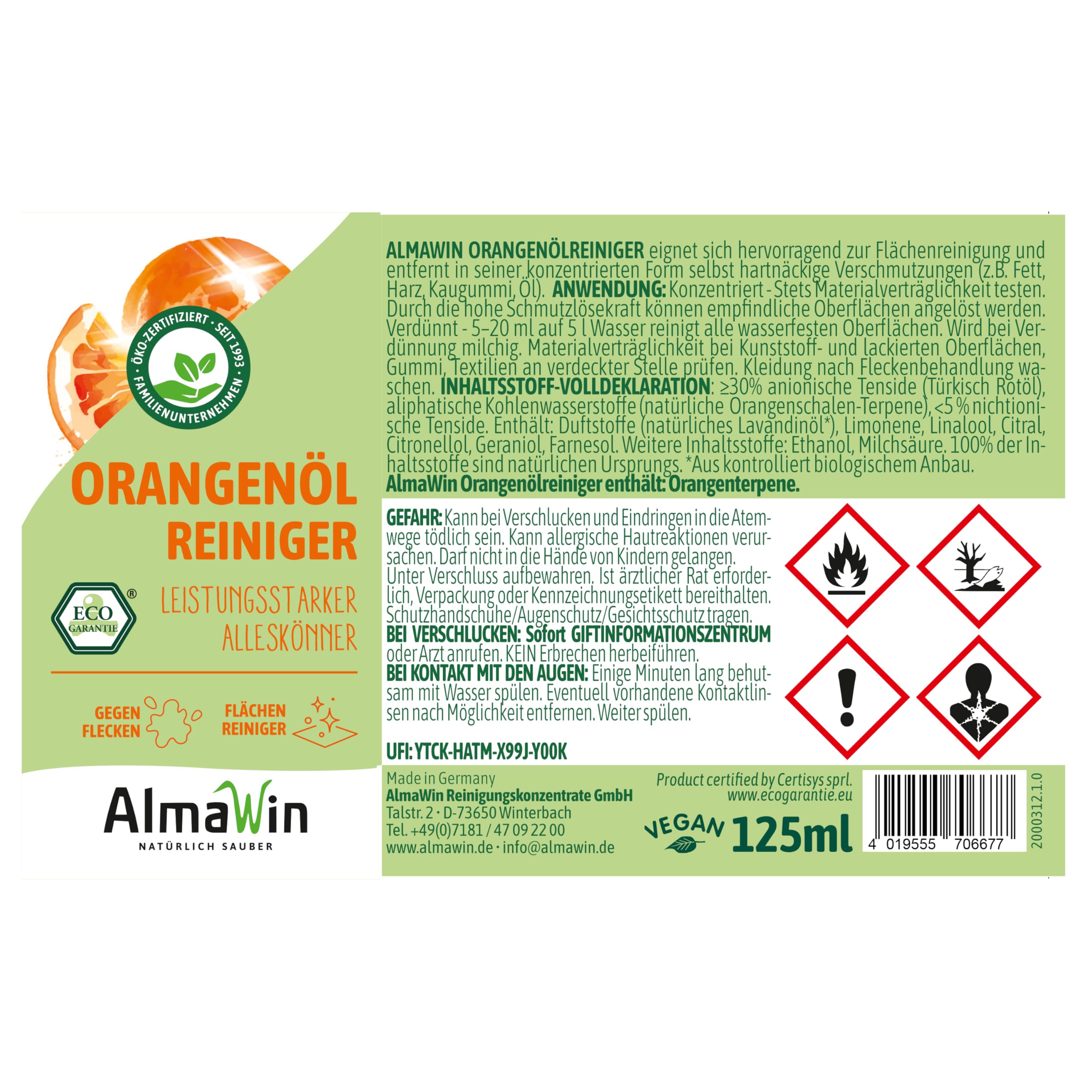 AlmaWin® Orangenölreiniger ÖKO [15x 125ml] ideal als starker Allesreiniger & Fettlöser - Veganes Orangenreiniger Konzentrat mit fruchtigem Duft - Besonders ergiebiger Orangenöl Reiniger