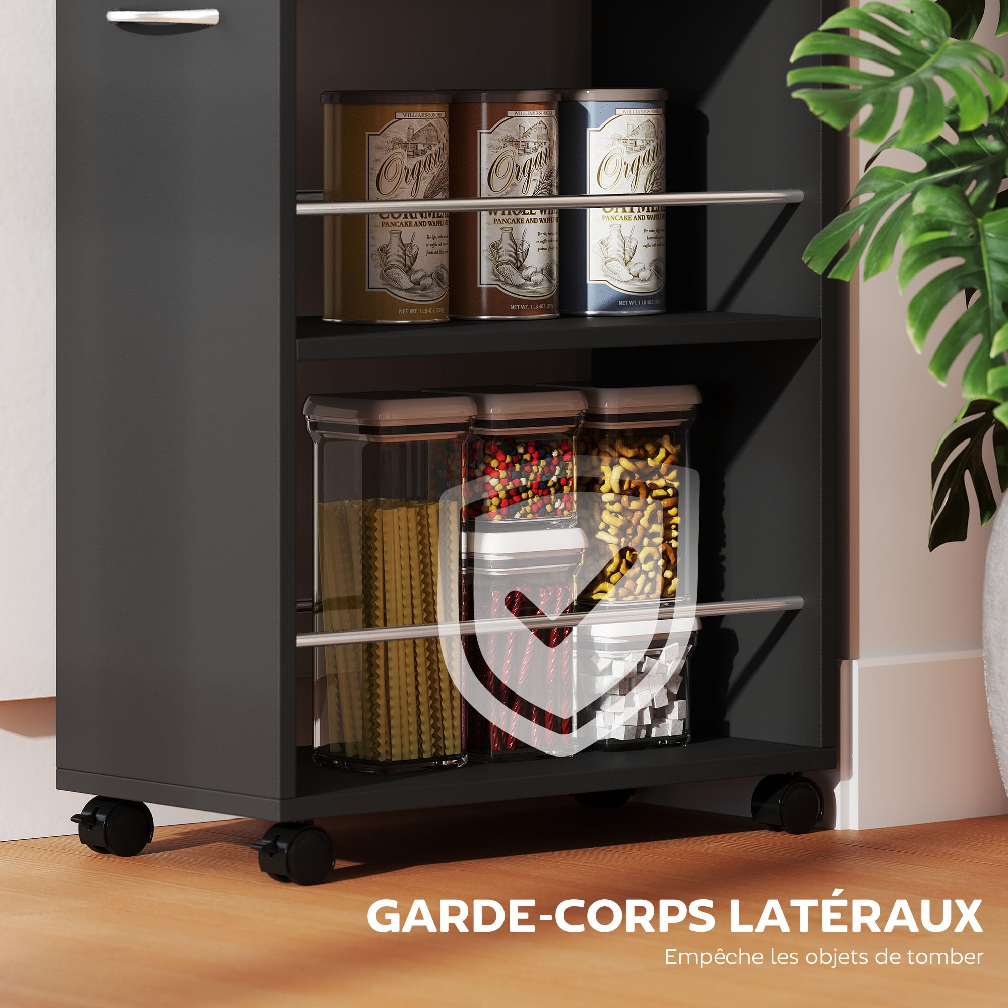 HOMCOM Chariot de Cuisine Desserte sur roulettes 25 x 50 x 85 cm Noir | 1 Tiroir, 2 Étagères Ouvertes, pour Salle à Manger, Salon, Salle de Bain, en Bois