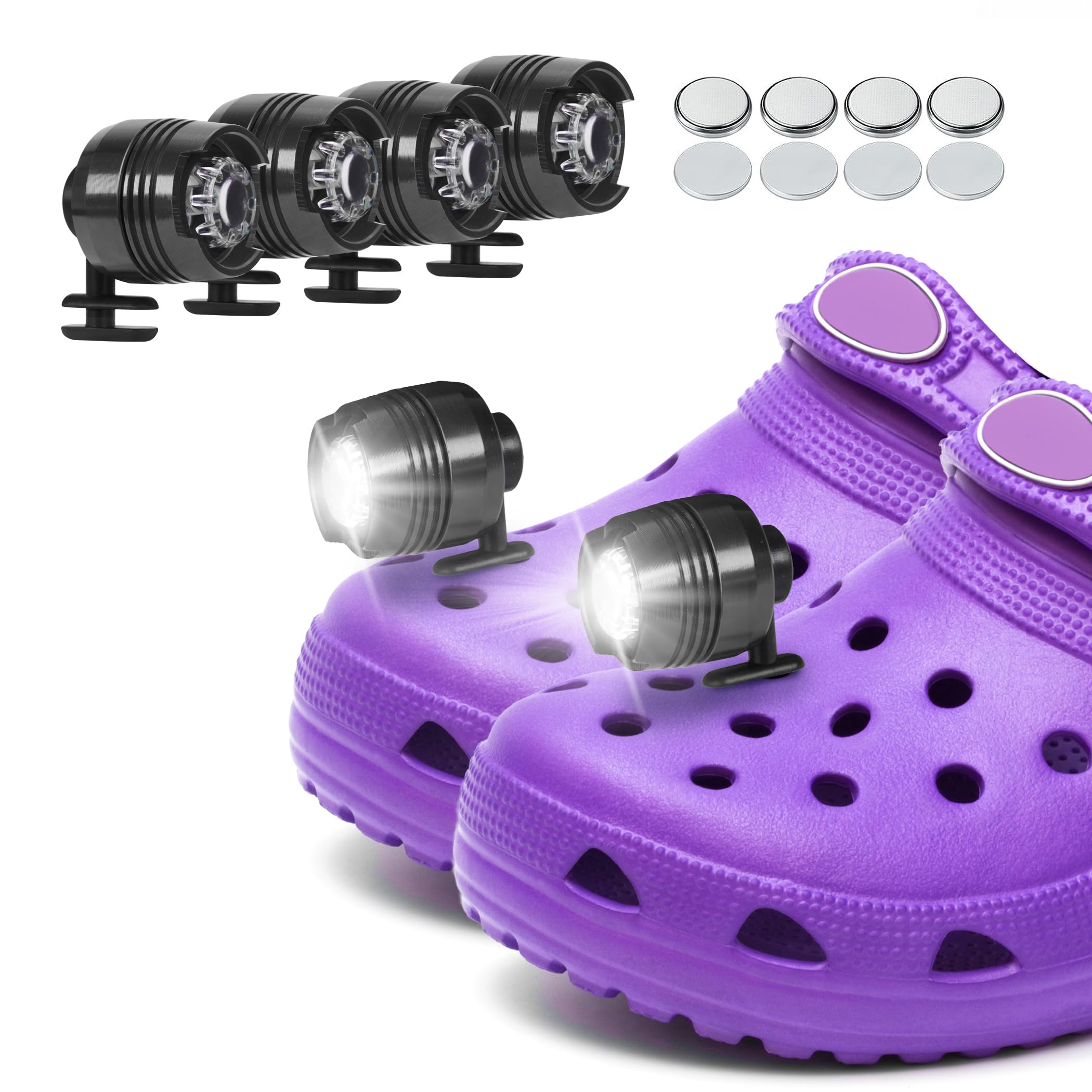 Vagocom 4Pcs Headlights for Croc Shoes LED Torch Light Charms Accessories for Adults and Kids 3 Modes Small Flashlight Headlamp Attachment for Hiking,Camping,Dog Walking(Black)