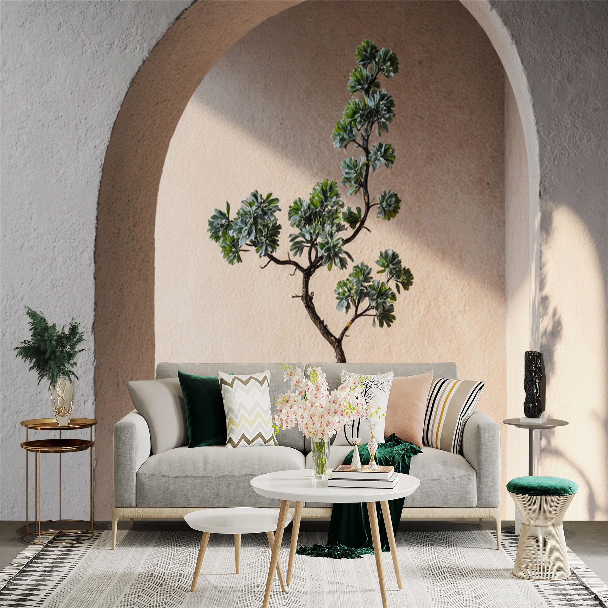 Custom Size Wall Sticker Mural， Potted Miniature Tree， Minimalist Zen Plant， Arched Wall Niche， for wall Decoration， peelandstick wall Decals.