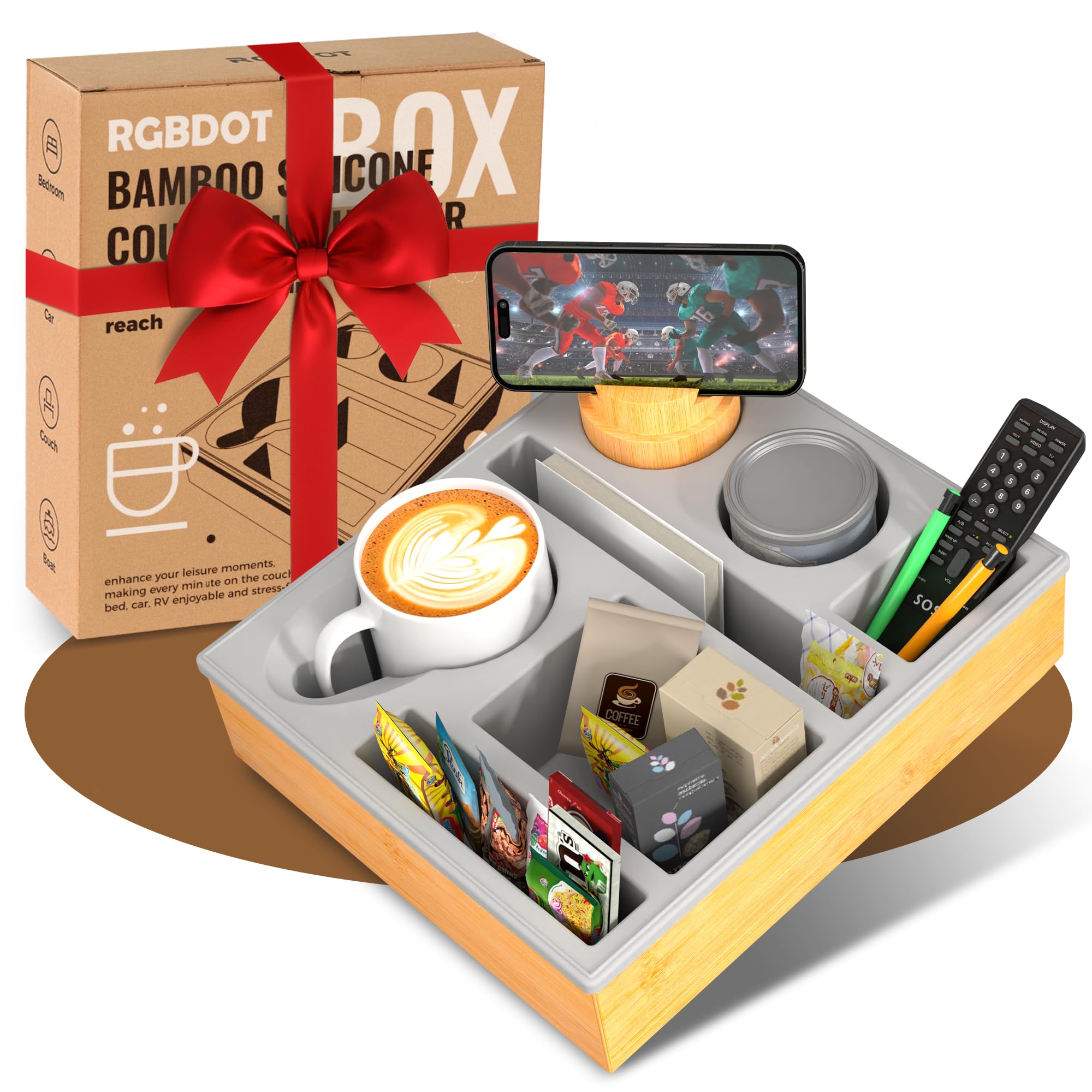 Couchbar Snackbox Silikon sofatablett mit 360 Grad Drehbar Handyhalter beistelltisch mit Holz Sofatablett für Sofa, kino Deko, Couch organizer Bar mit Getränkehalter - Snackbox mit Fächern（Grau）
