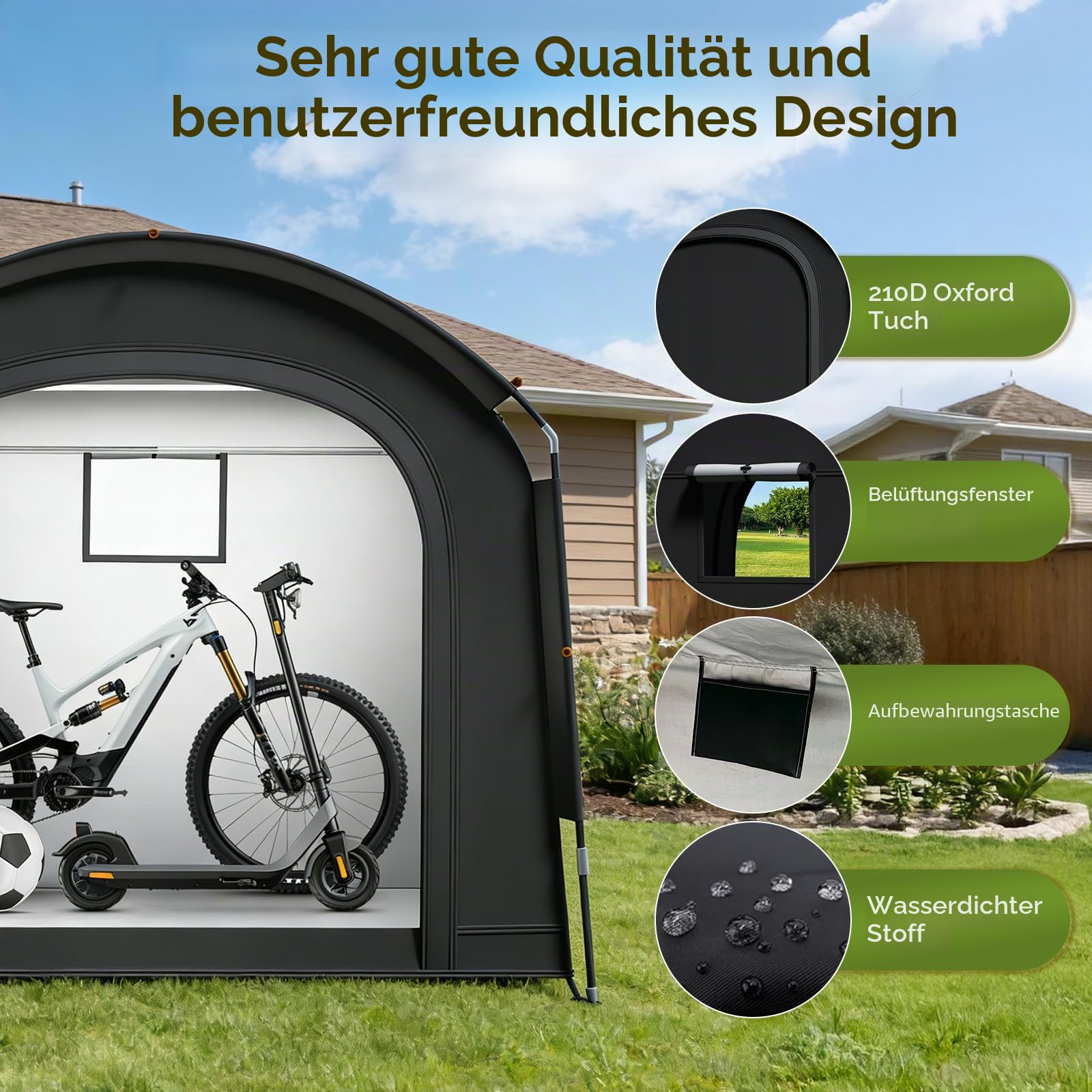 Fahrradzelt Garage für 1-3 Fahrräder, 200x80x165CM Wasserdichter Fahrradschuppen aus 420D Oxford, Wetterfestes Gerätehaus für Motorrad, Gartengeräte, Rasenmäher und Spielzeug