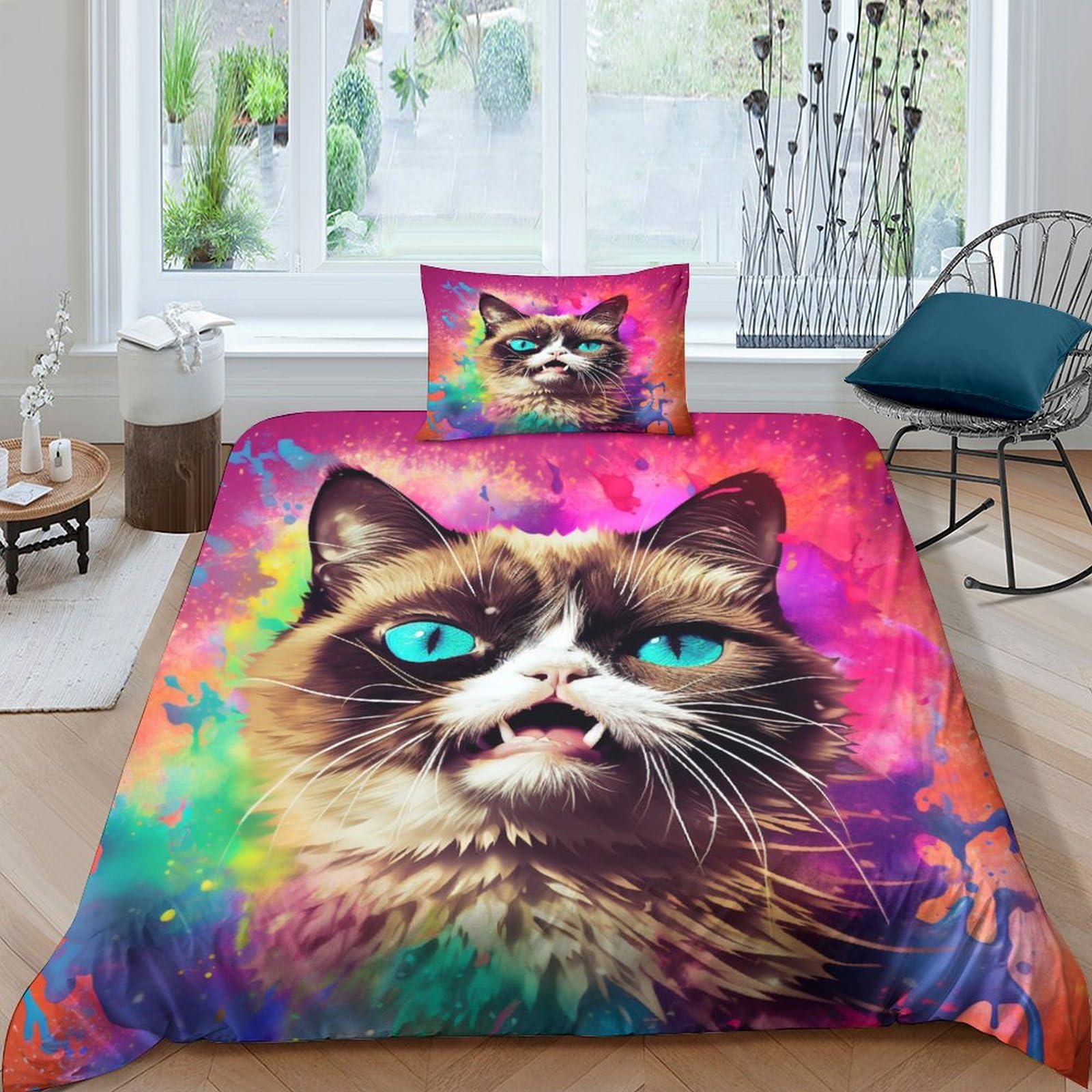 Parure de lit chat 3D housse de couette 135x200 single lit 1 personne fermeture zip