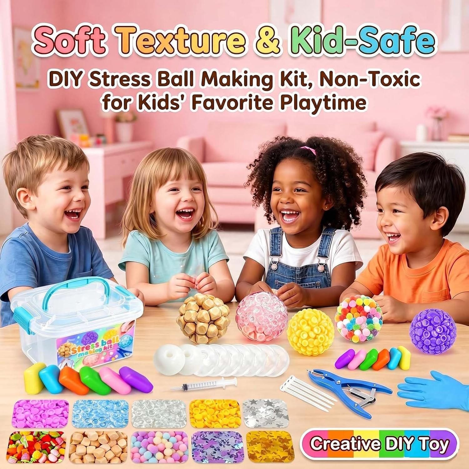 DIY Stress Ball Squishy Making Kit with Toy Box & 16 TPR Skins, 28 Fillers, Crunchy Squishy Stress Balls Empty Bead Squishy Clear kit, Handmade Fidget Squishy Stress Balls, Party Favors for Party