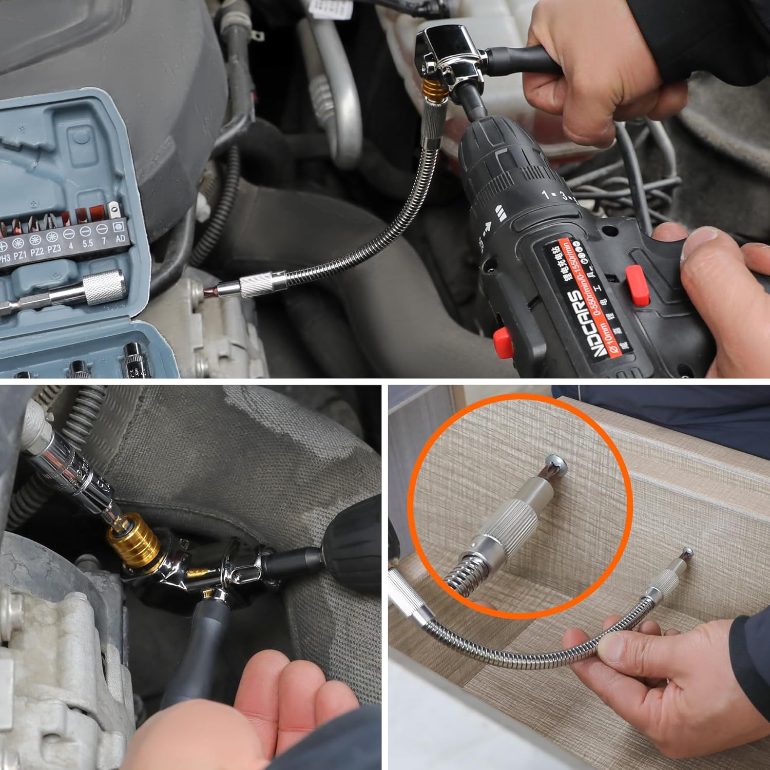 39-Piece Flexible Drill Bit Extension Set with 105° Right Angle Adapter, Metric Sockets, Magnetic Bit Holders, Storage Case