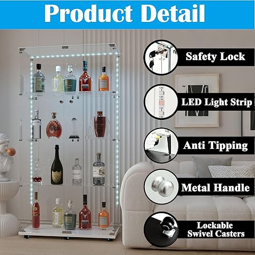 Miniatura 21 de Vitrina de cristal con 4 estantes con tira de luces LED y cerradura, vitrina de vitrina con ruedas y 1 puerta, vitrina de vidrio templado para sala