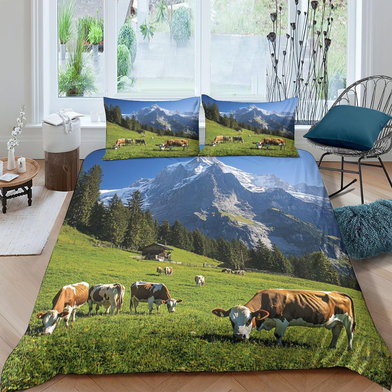 Ctjqhvkz Style-7 3D Printed Alpine Pasture Fitted Sheet Microfiber Soft Mountain Landscape Mattress Cover For Bedroom Guest Room Decor Single（135X200cm）