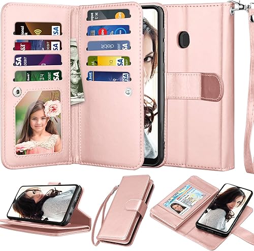 Miniatura 8 de NJJEX Funda tipo cartera para Samsung Galaxy A20, para Galaxy A30, 9 ranuras para tarjetas funda de piel sintética para tarjetas de crédito de