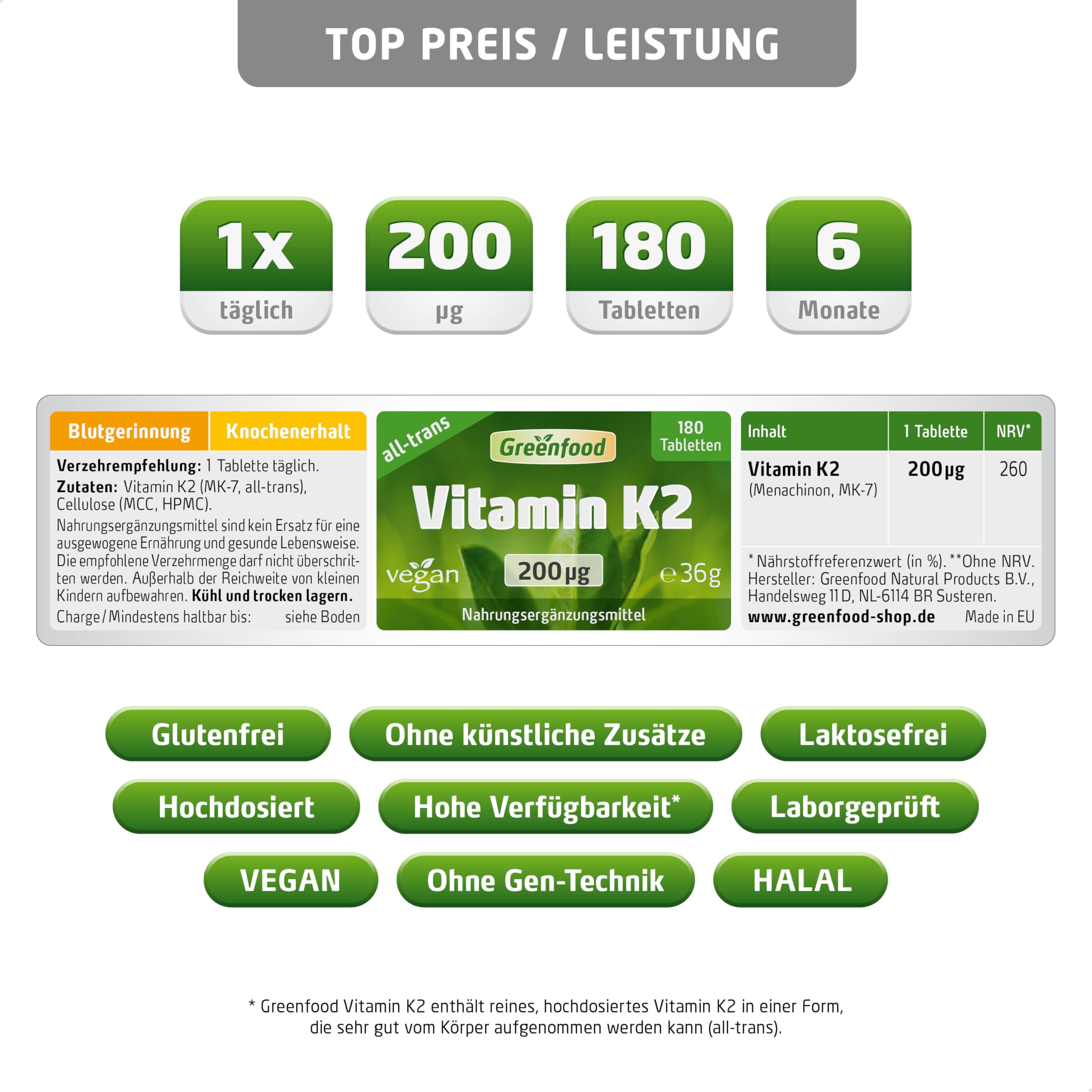 Vitamin K2 (MK7), hochdosiert, 200µg - 180 Tabletten, vegan. Vitamin K2 (Menachinon, all-trans) – für Knochenerhalt & normale Blutgerinnung. OHNE künstliche Zusätze - laborgeprüft. Von Greenfood.