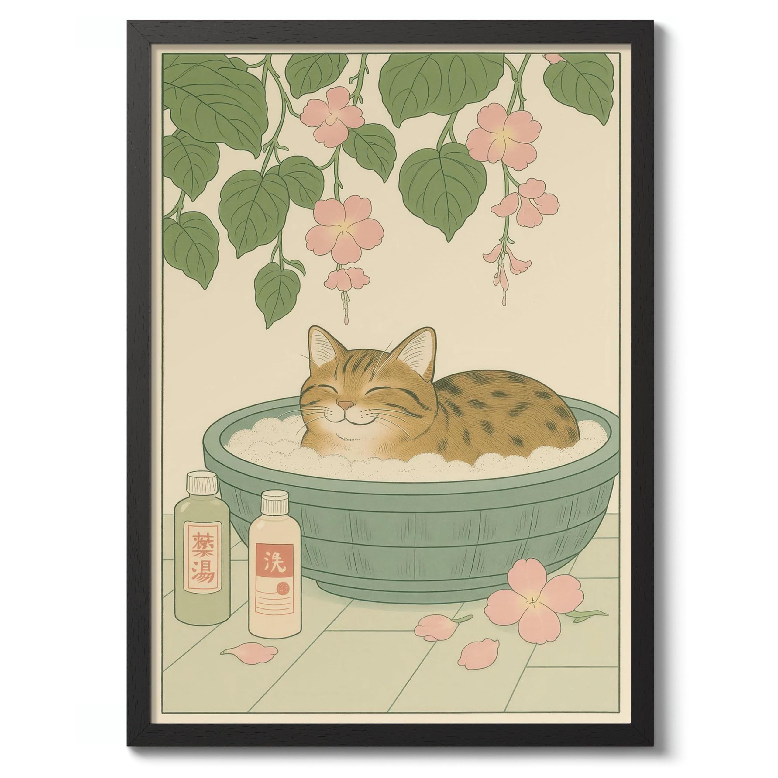 Soapy Whiskers Anime Cat Woodblock Poster Modern Woodblock Print, Cartoon Manga Kitten Wall Art Decor, Modern Japanese, Cat Lovers, A2 (Black Frame) - 62.5x45.1cm — image 1