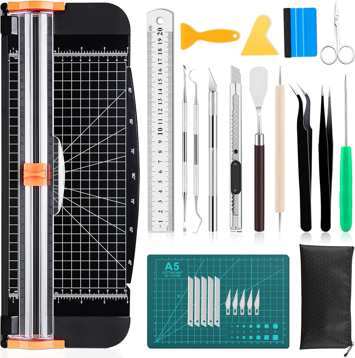 Famomatk 27PCS Craft Weeding Tools for Vinyl Kit,Utility Knife Vinyl Weeding Tool Set with 12Inch Paper Cutter Trimmer for Scrapbooking,Silhouettes,Cameos,DIY Art Crafting,Cutting,Splicing,Cardstock