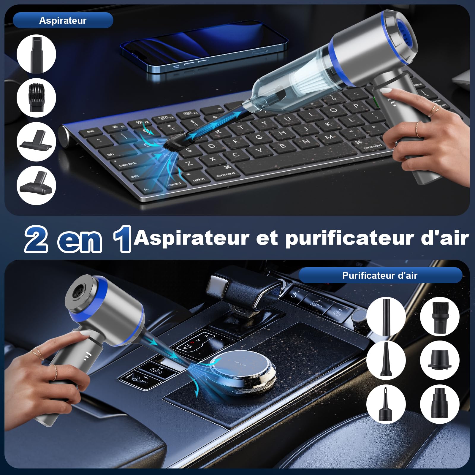 Aspirateur à Main 3 en 1-28 000 PA - Puissant - 3 Vitesses - 240 000 TR/Min - pour Voiture, Cuisine, PC, canapé, Bureau, Maison et Poils d'animaux