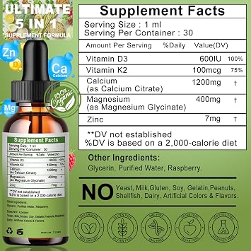 Calcium Magnesium Zinc Drops, 1200mg Calcium with Vitamin D3 K2 Magnesium for Bone,Teeth,Colon,Cardiovascular Health, High Absorption Liquid Calcium Supplement, Gluten Free,Non GMO