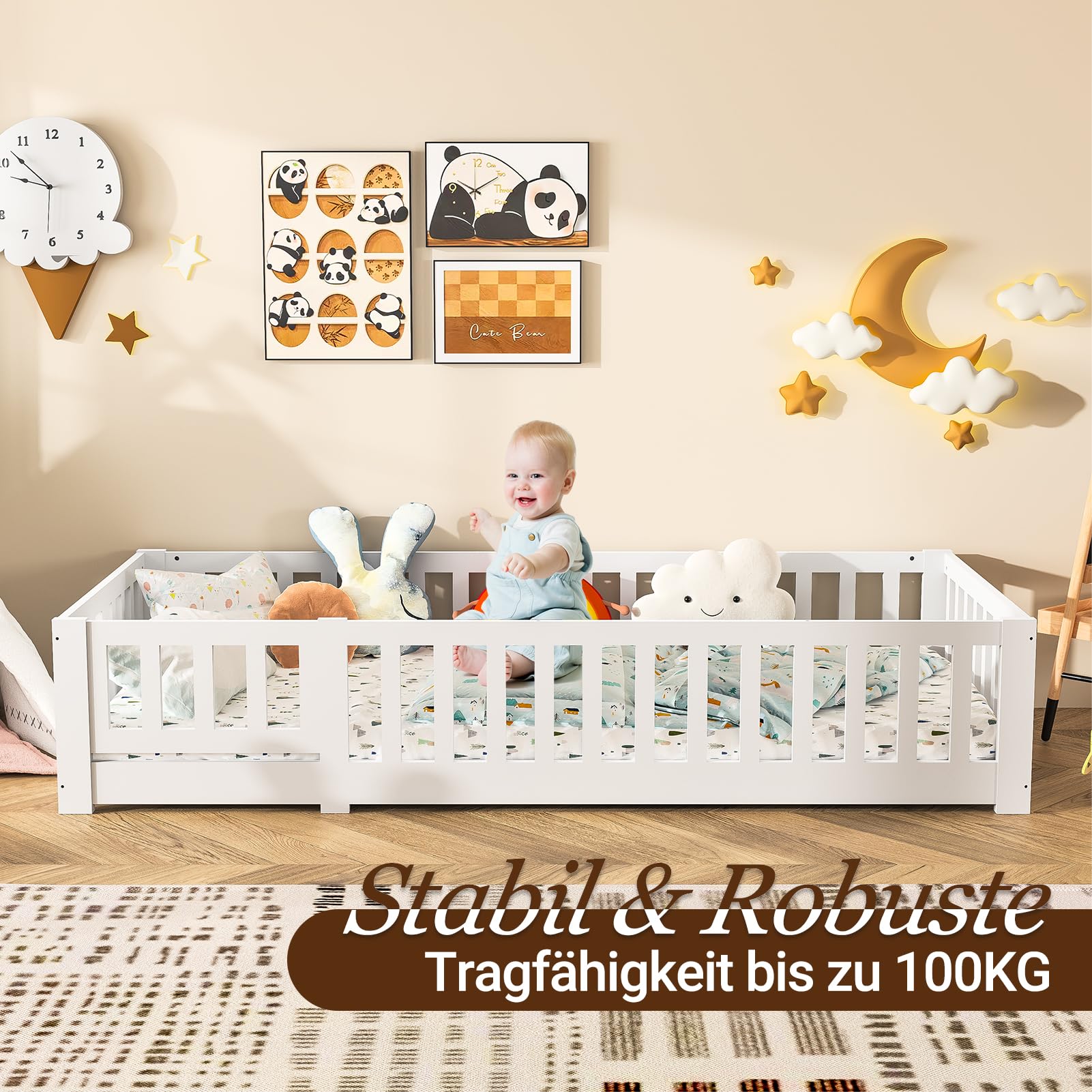 Cama infantil 90 x 200 cm con somier, marco de cama de madera con valla y puerta, cama Montessori con protección anticaídas, para niño y niña, color blanco