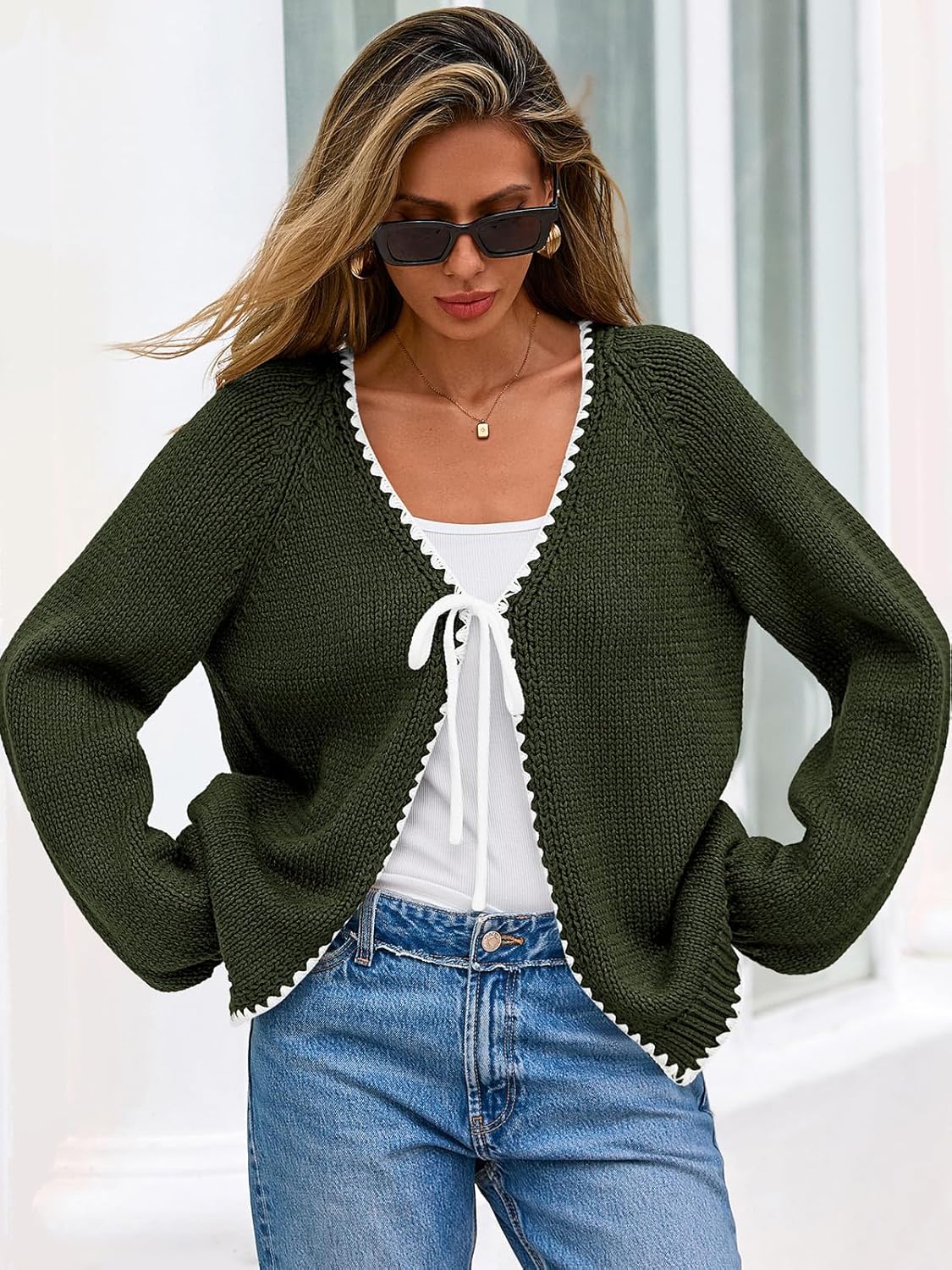 PRETTYGARDEN Womens Fall Cardigan Sweaters 2026 Long Sleeve Open Front Tie Knit Loose Cute Lightweight Sweater - Image 7