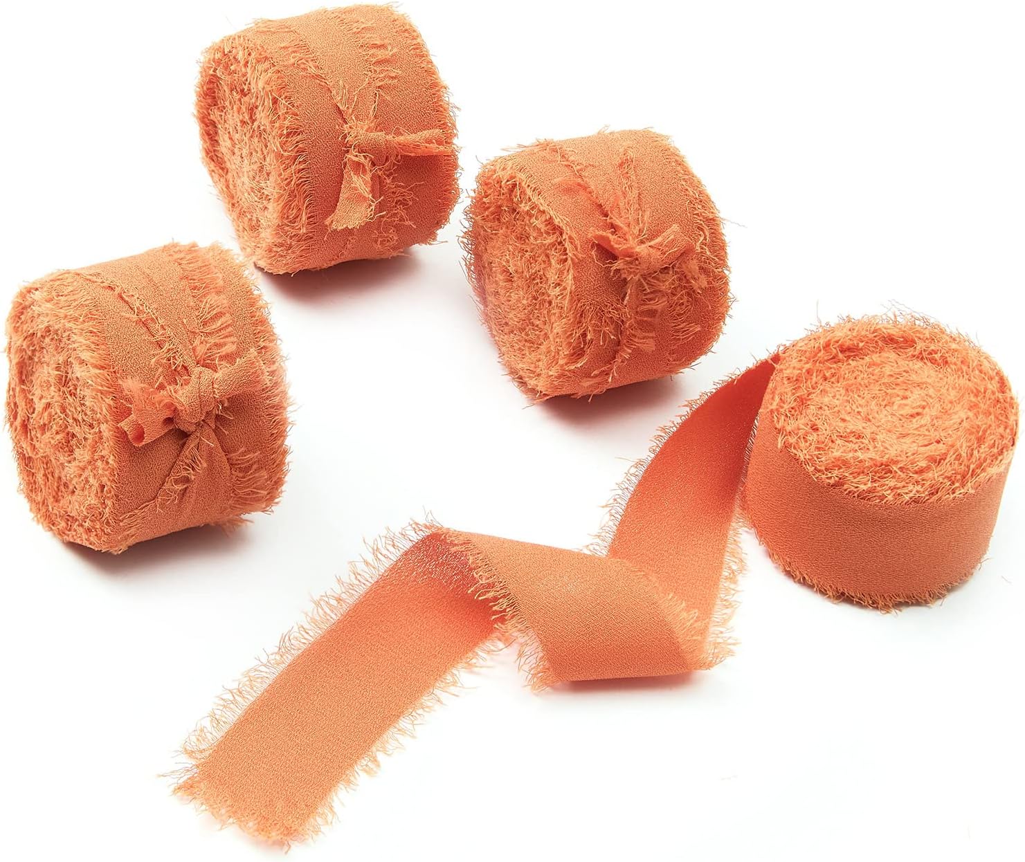 4 Rolls 1"W x 5Yd Orange Handmade Fringe Chiffon Silk Ribbon, Frayed Edges Ribbon for Wedding Invitations, Bridal Bouquets, Gifts Wrapping, DIY Crafts,Bow Making(1"x20Yd Orange)