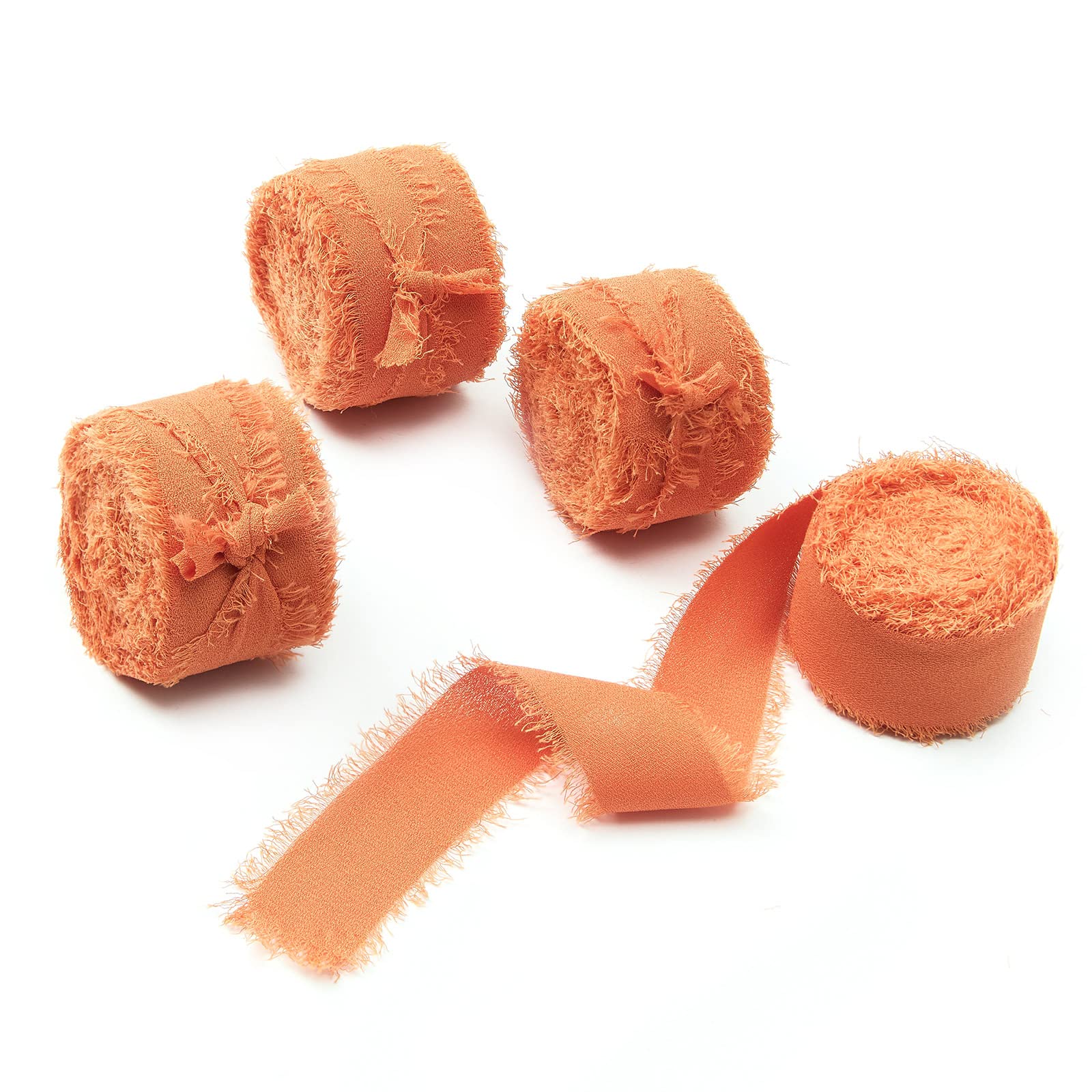 4 Rolls 1"W x 5Yd Orange Handmade Fringe Chiffon Silk Ribbon, Frayed Edges Ribbon for Wedding Invitations, Bridal Bouquets, Gifts Wrapping, DIY Crafts,Bow Making(1"x20Yd Orange)
