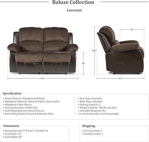 Miniatura 29 de Lexicon Humphreys - Sofá reclinable doble de piel sintética suave, lengüeta de extracción manual, soporte de pared, espuma de alta densidad, marco