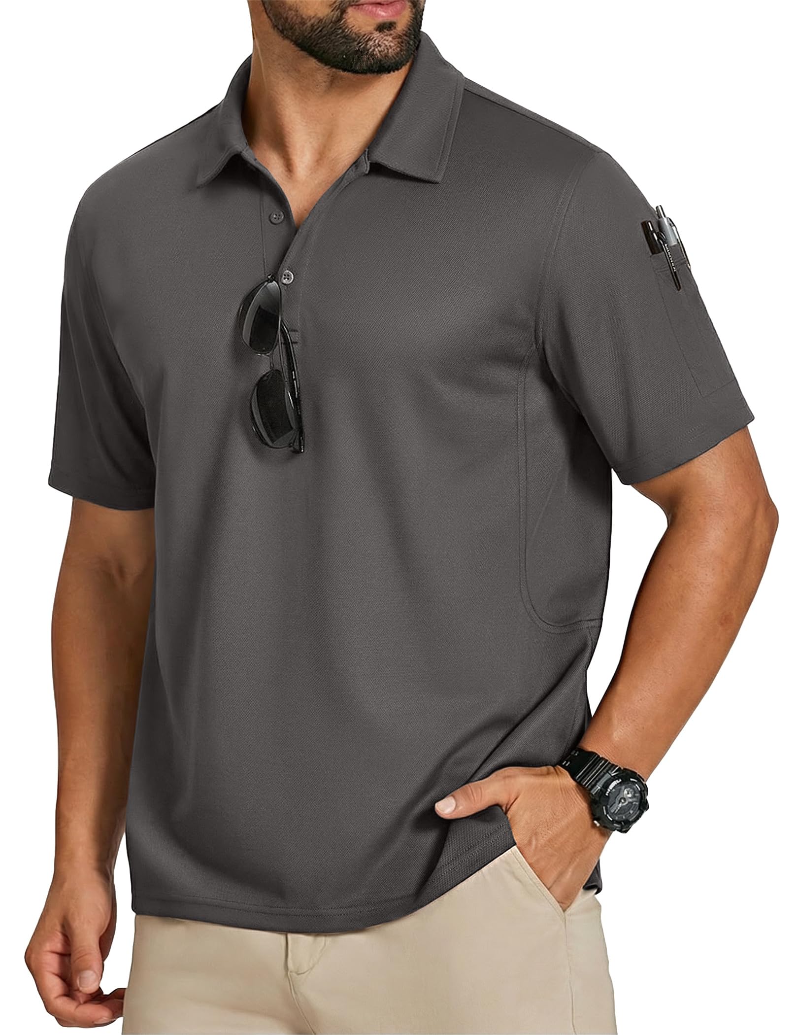 COOFANDY Mens Polo Shirts Short Sleeve Quick Dry Performance Golf Polos Tactical Work Shirts with Pen Pocket