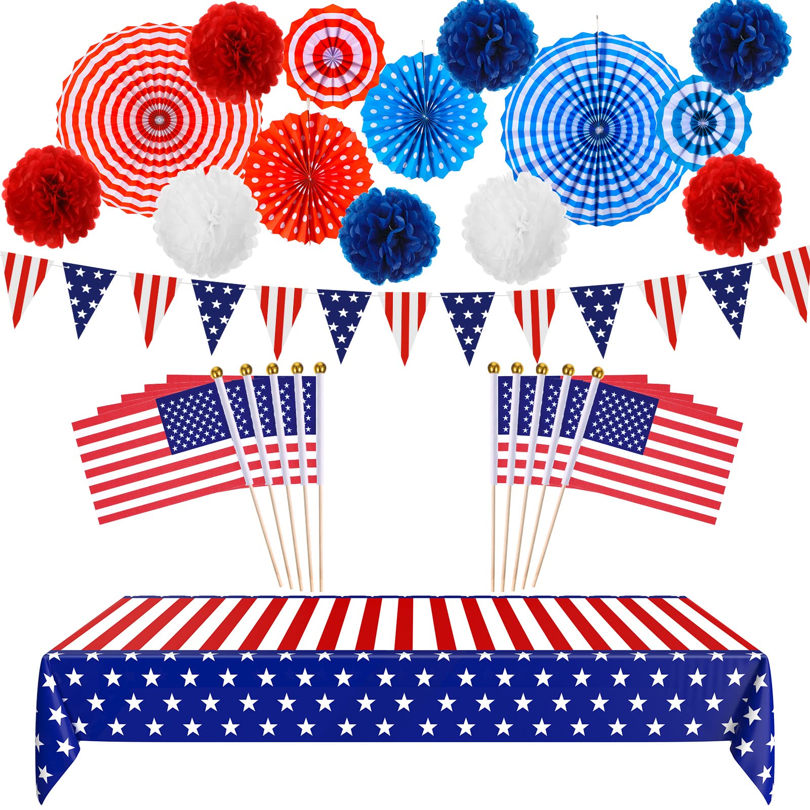 Photo 1 of 26 Pcs 4th/Fourth of July Patriotic Decorations Set Include Patriotic Tablecloth USA Flag Pennant Red White Blue Paper Fans, Small American Flags on Stick, Pom Poms for Independence Day Party Supplies