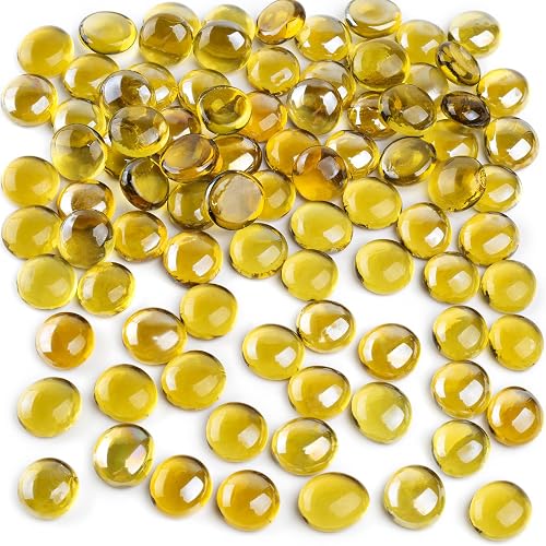1 LB Yellow Glass Beads, Flat Marbles for Vase Fillers | Decorative Glass Pebbles, Rocks Fish Tank Aquarium Decor, Table Scatter and DIY Crafts