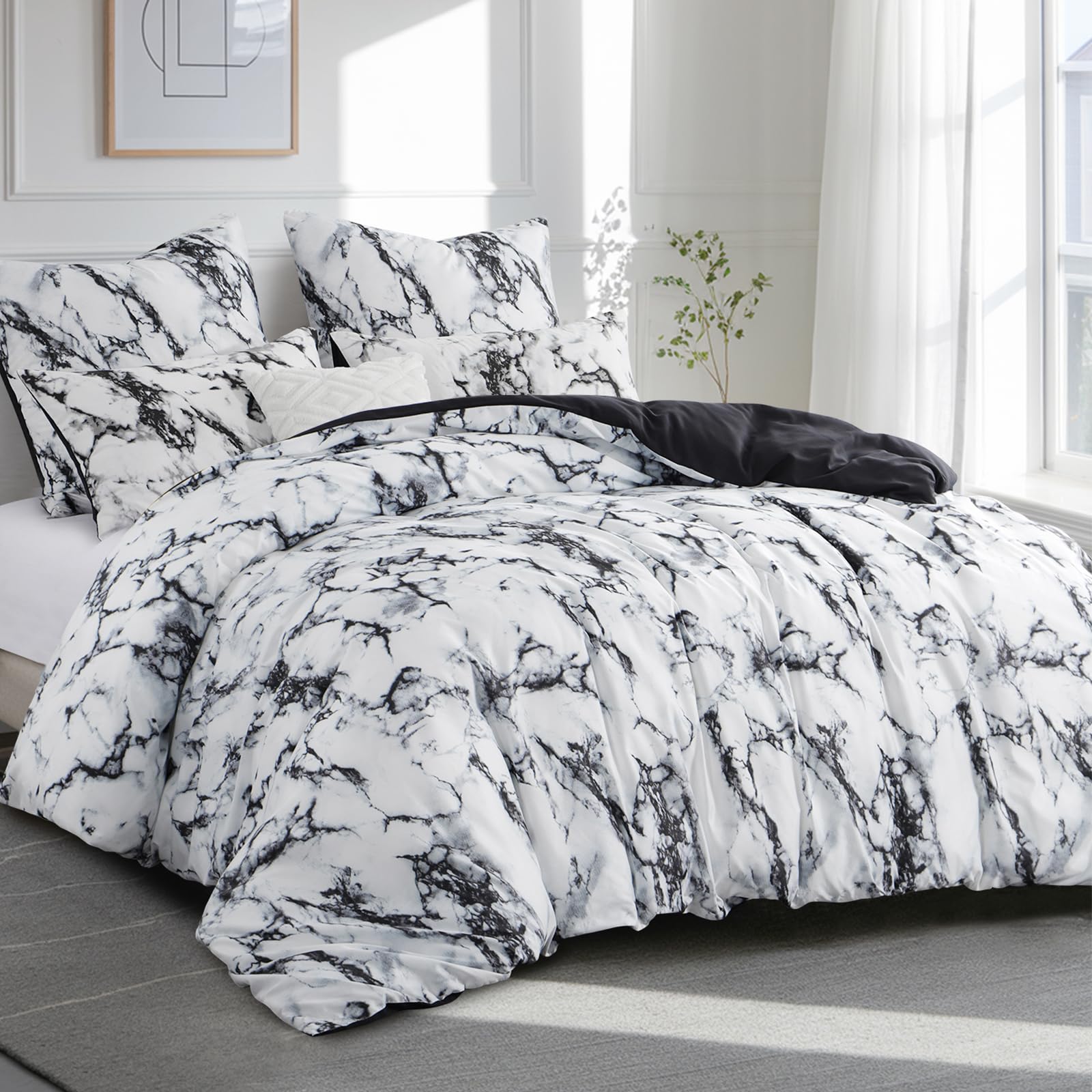 Aisbo Double Bedding Duvet Cover Sets, 3 Pieces Marble Bedding Set Black and White - Image 2