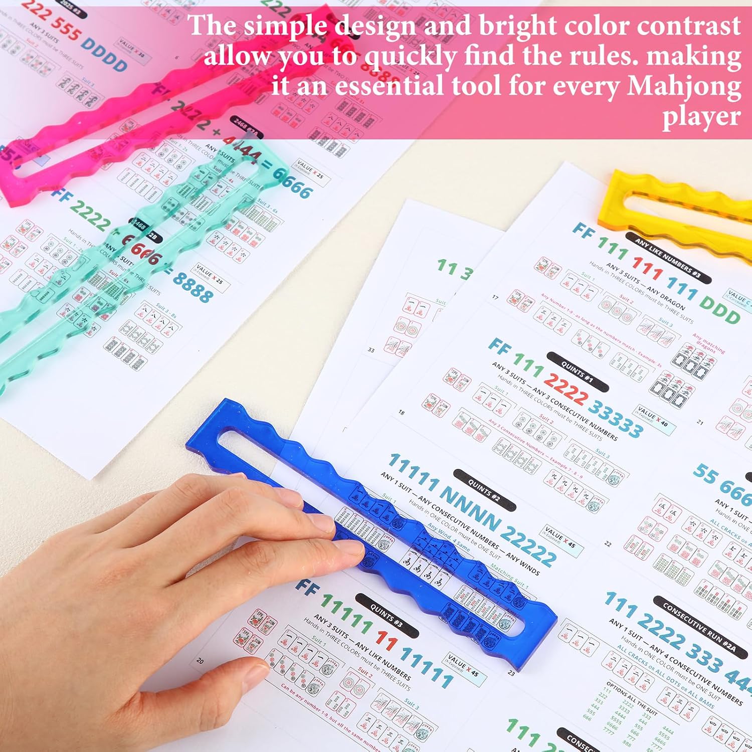 Amyhill 4 Pack Mahjong Guide Line Finder Acrylic Bright Scalloped Mahjong Rules Helper, Rules Reader for Players Women(Colorful)