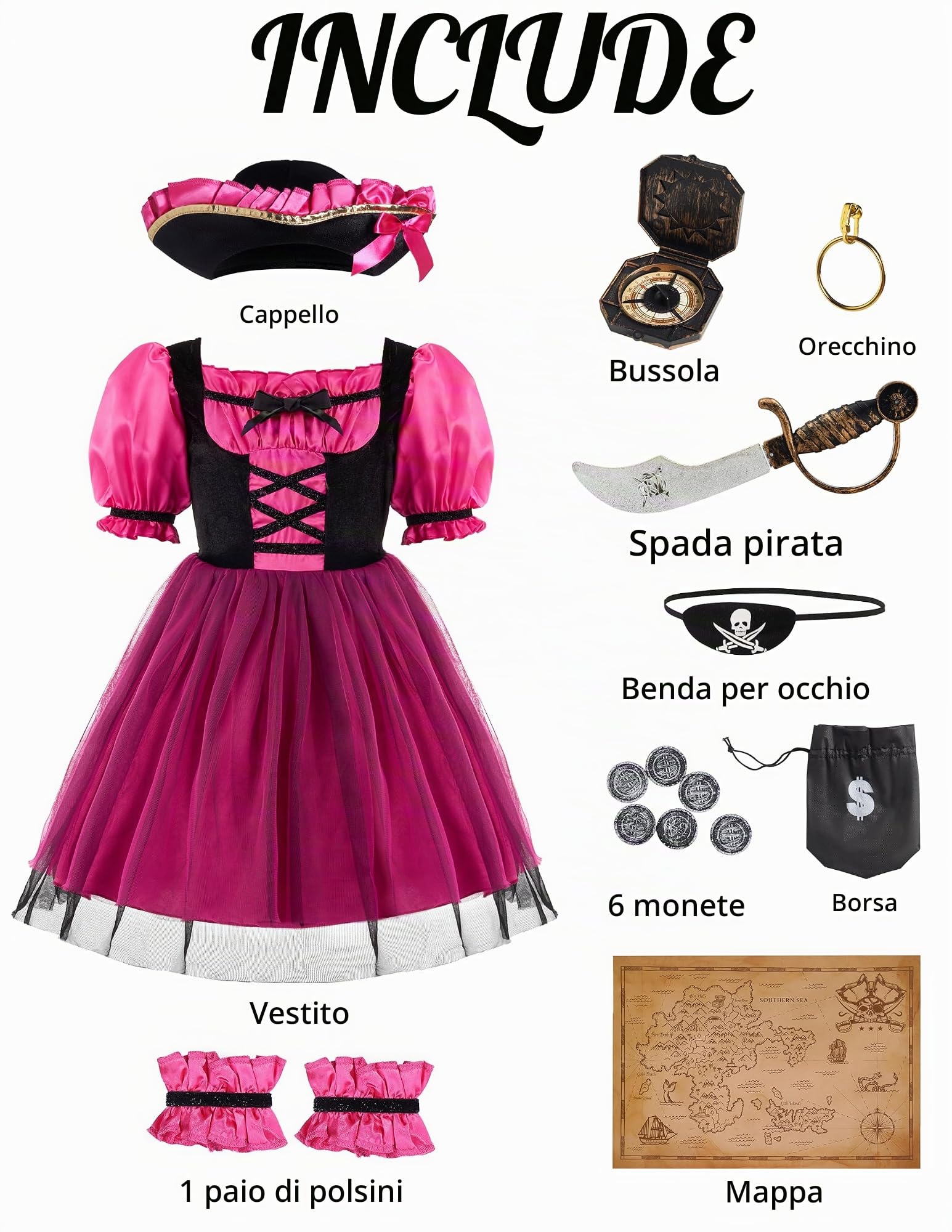 Spooktacular Creations Costume di Halloween per Ragazze, Costume da Pirata per Bambini, Abito da Pirata Magenta per Ragazze Festa di Halloween Gioco di Ruolo da Principessa Pirata (Piccolo (5-7 Anni))
