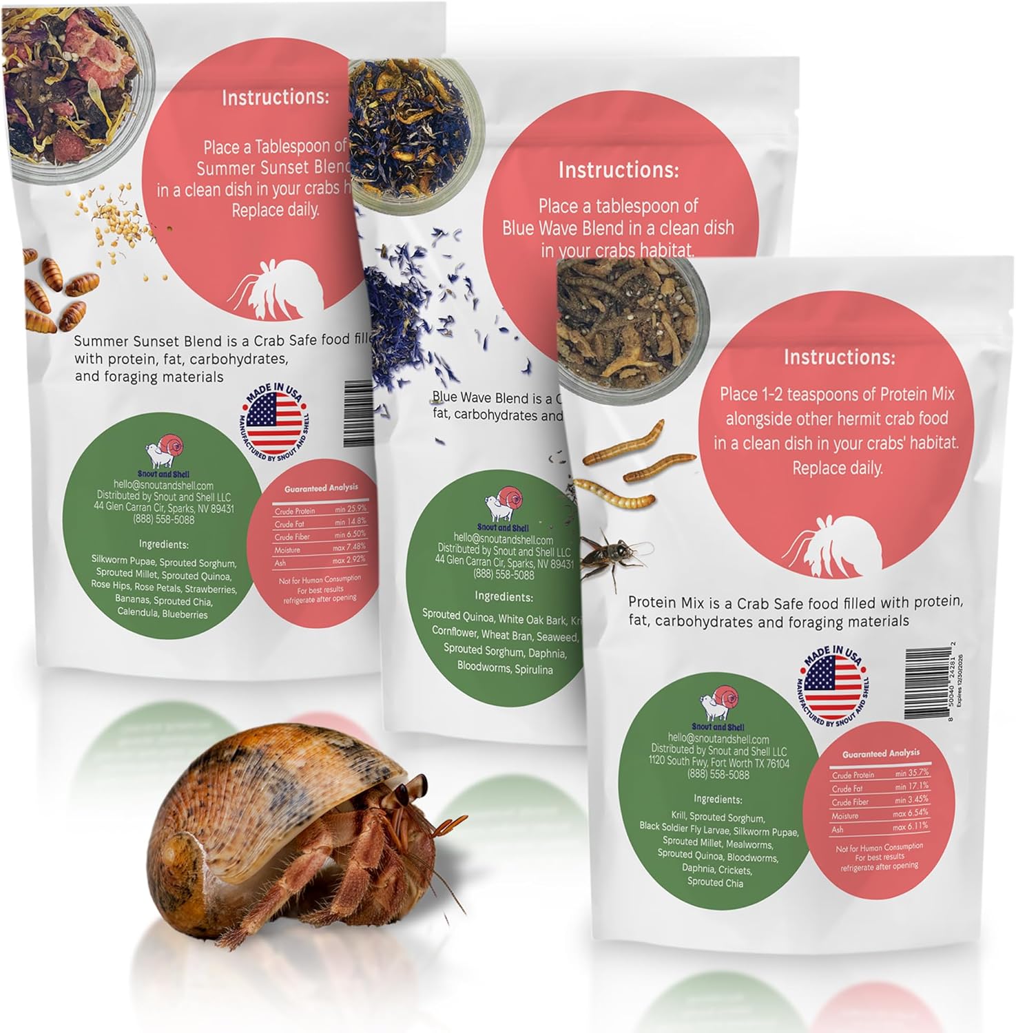 Snout and Shell Hermit Crab Food Variety Pack – Blue Waves, Protein Mix & Summer Sunset – High-Protein Whole Food Diet with Seafood, Seeds, Fruits & Flowers – Natural Foraging Blend for Healthy Crabs