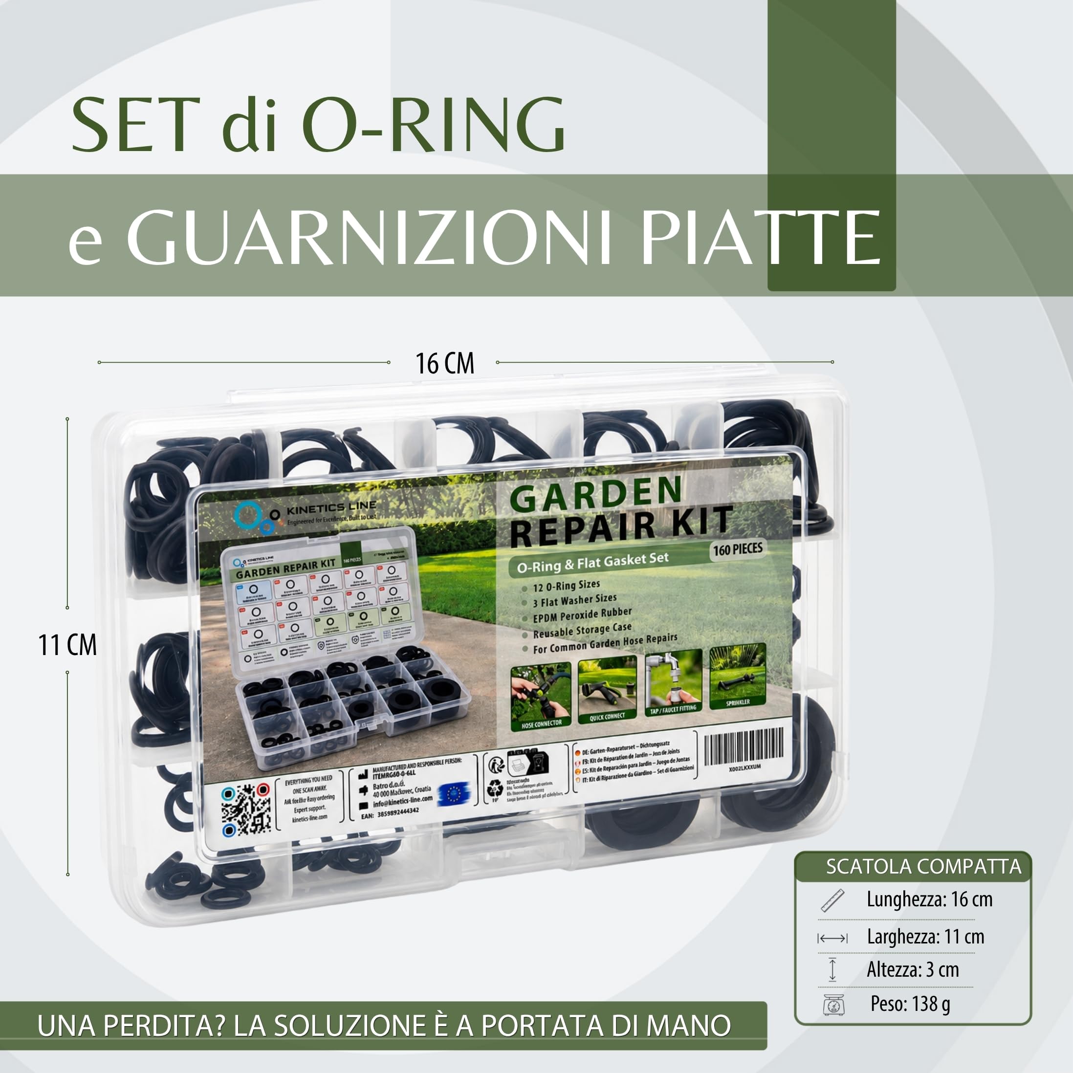 Garden Repair Kit per Riparazione Tubo da Giardino, 160 Pezzi – O-Ring EPDM e Guarnizioni Piatte per Rubinetto, Connettore Tubo e Irrigatore