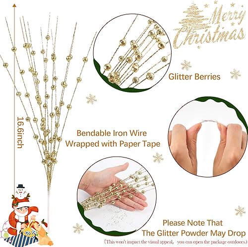 Miniatura 4 de N&T NIETING Paquete de 10 adornos artificiales para árbol de Navidad, adornos de tallo de bayas con purpurina artificial de 15.7 pulgadas, para