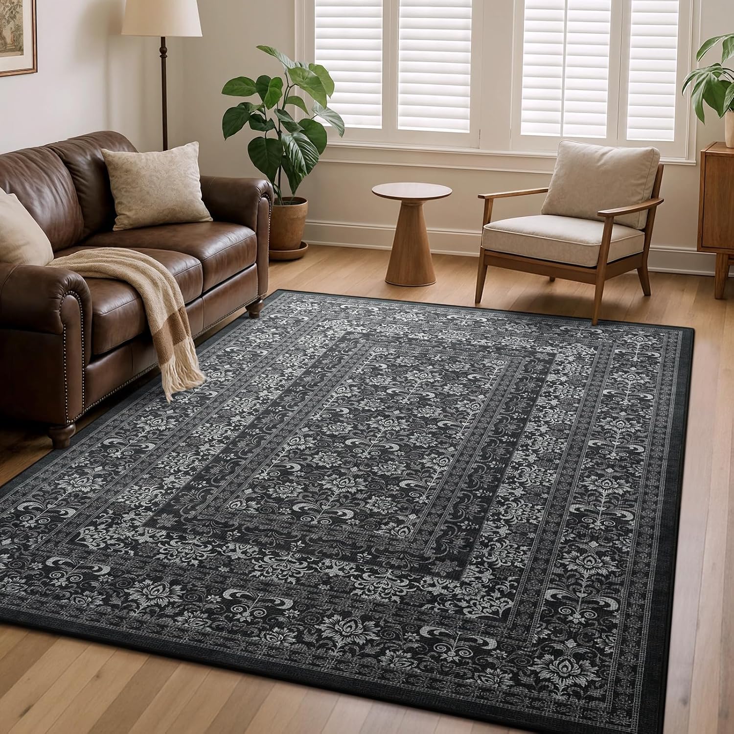 Iridesca 4x6 Black Vintage Washable Area Rug, Accent Indoor Floral Rugs Non Slip Distressed Thin Throw Low Pile Carpet for Living Room Bedroom Dining Room Farmhouse Office