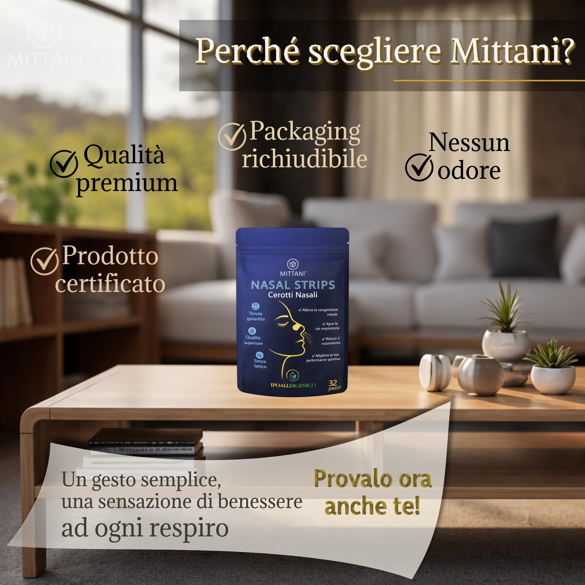 MITTANI® 32 Cerotti Nasali Antirussamento Uomo Donna, Decongestionante, Sport, Apri le Vie Respiratorie per Respirare Meglio dal Naso, Qualità Premium, Rinforzati